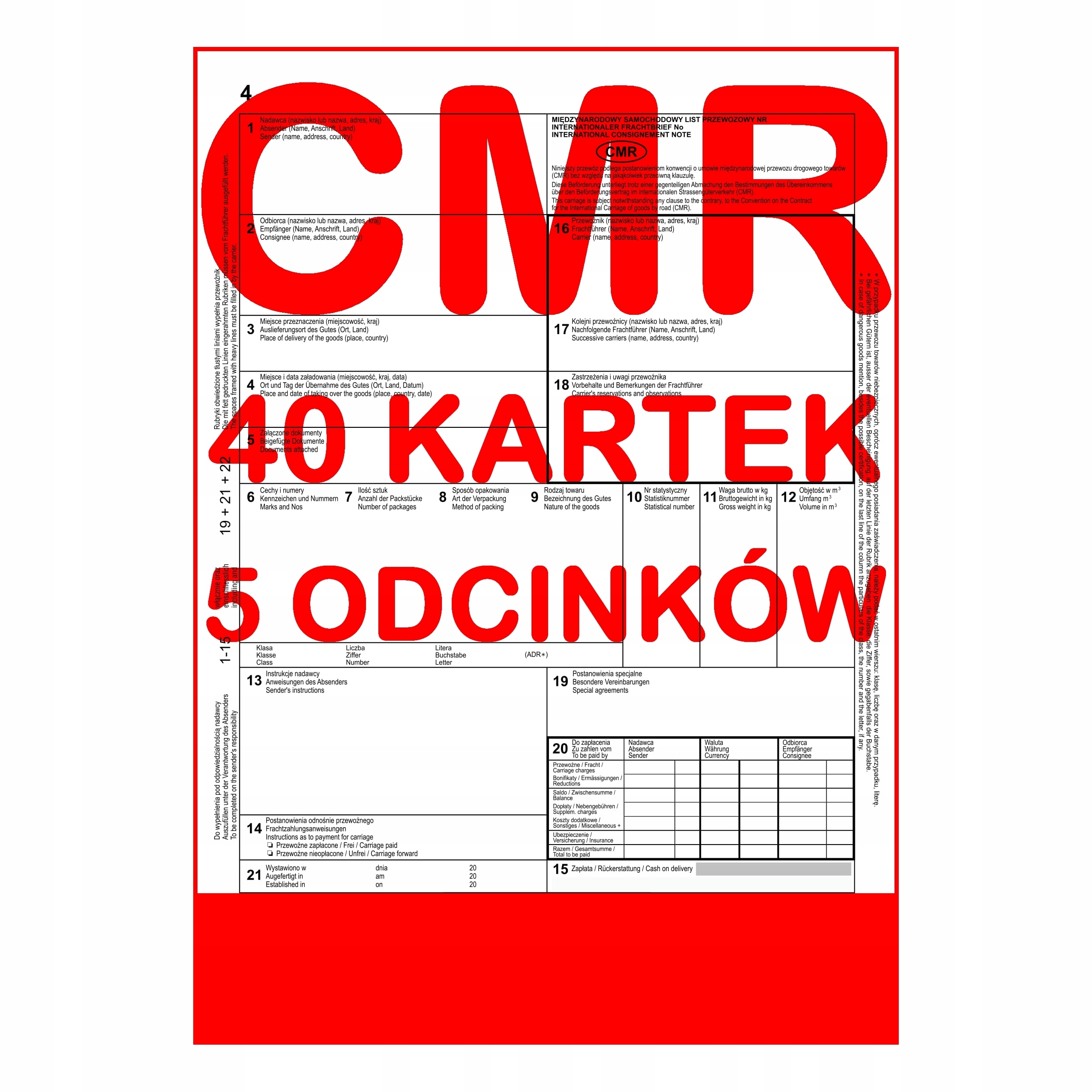 Druk CMR Międzynarodowy 40 kartek / 5 odc. / 8 kpl