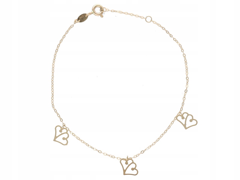 

Złota bransoleta 585 z wiszącymi serduszkami 0,65g