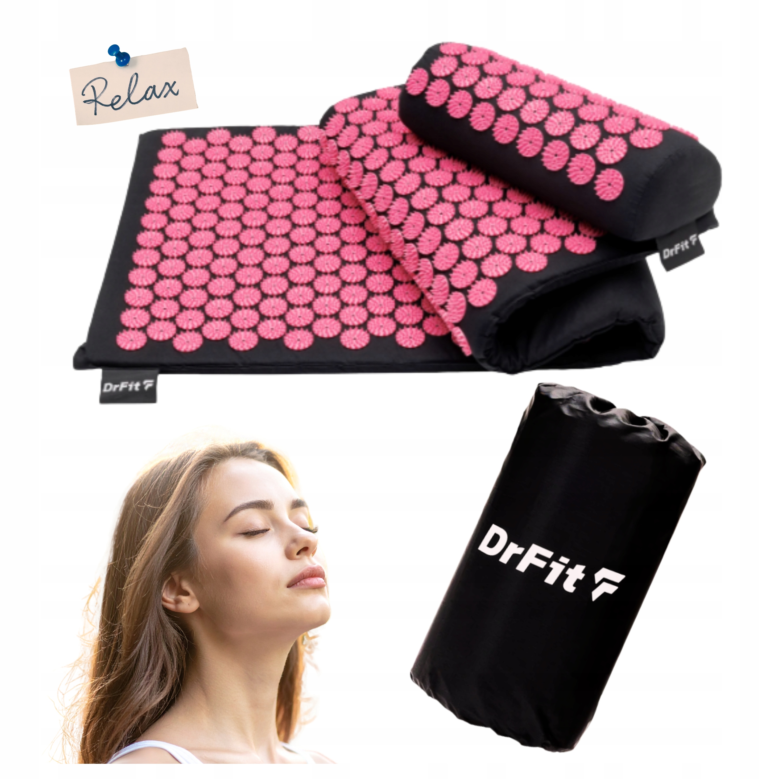 DrFit Mata do akupresury z kolcami długa 130x50 cm poduszka różowa