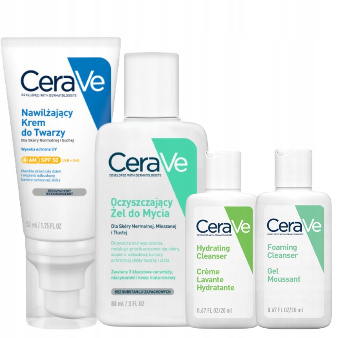 CeraVe Krem Nawilżający do Twarzy z Spf 50 52ml, Żel Oczyszczający 88ml