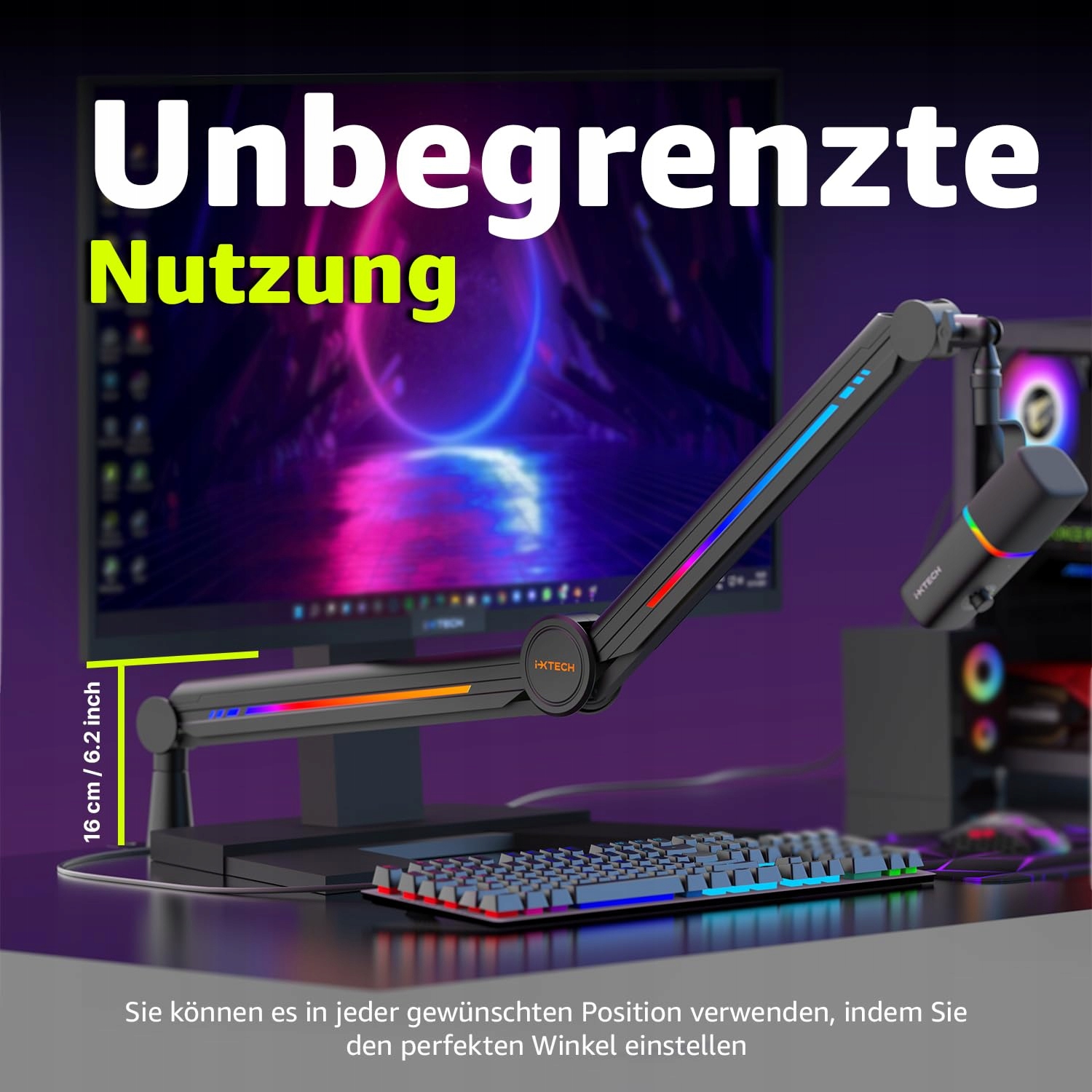 IXTECH RGB Wysięgnik Mikrofonowy Do Streamingu I Gier Regulowany Uchwyt — miniatura 6