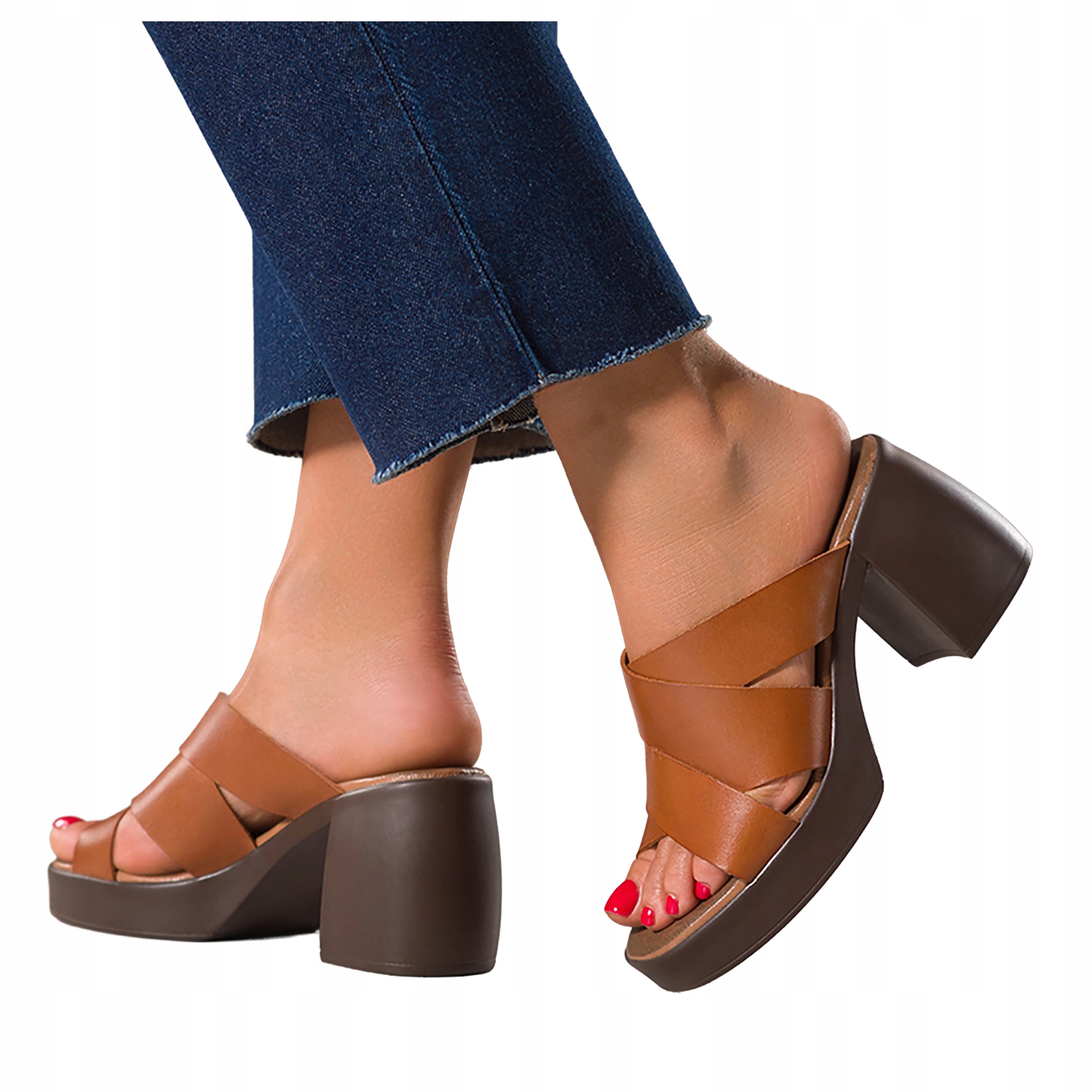 Hnědé Nazouváky Dámské Pohodlné Široký kotník Pásky na kříž Kožené r 36