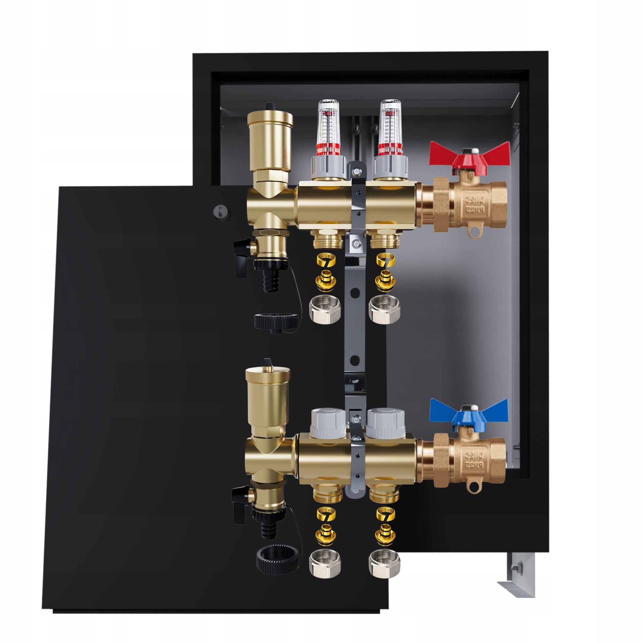 Rozdělovač podlahový mosazný 2 okruhy Podomítkový černý Ventily Pex