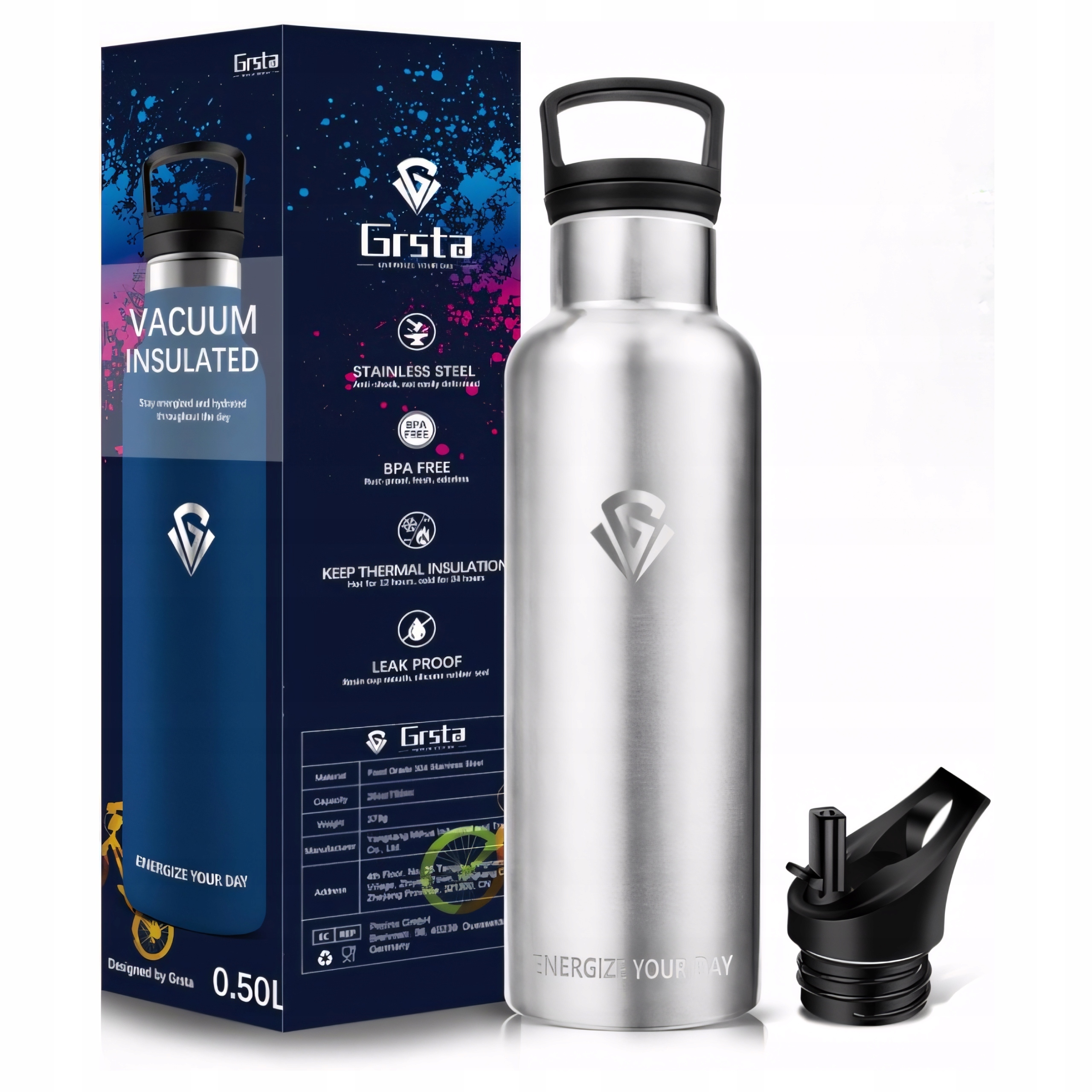 Butelka Termiczna Bidon Kubek Termos Stalowy na Kawę Herbatę Srebrny 500ml