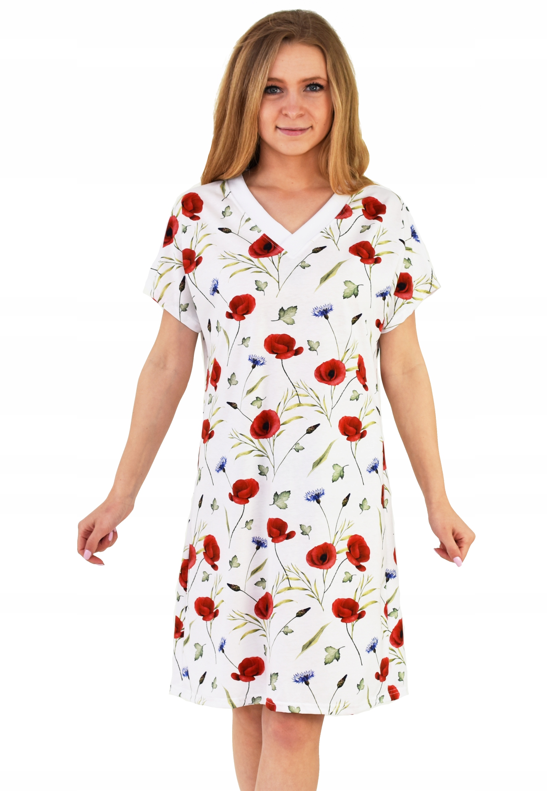 Koszula Nocna bawełniana w maki chabry elegancka Polska głęboki dekolt L Kolor wielokolorowy