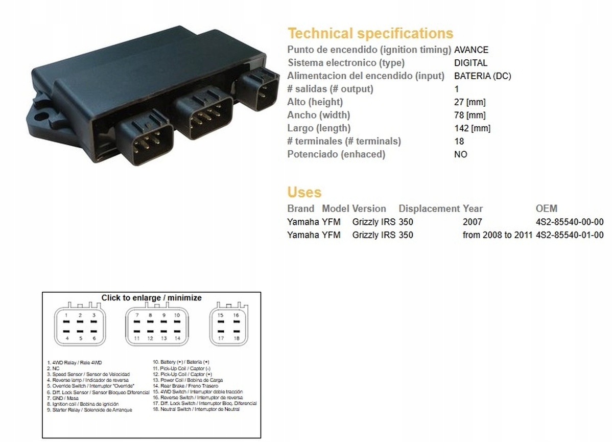 Dze Modul Zapaľovania CDI Yamaha Yfm 350 Grizzly '07-'11 (OEM:4S2-85540-00-00)