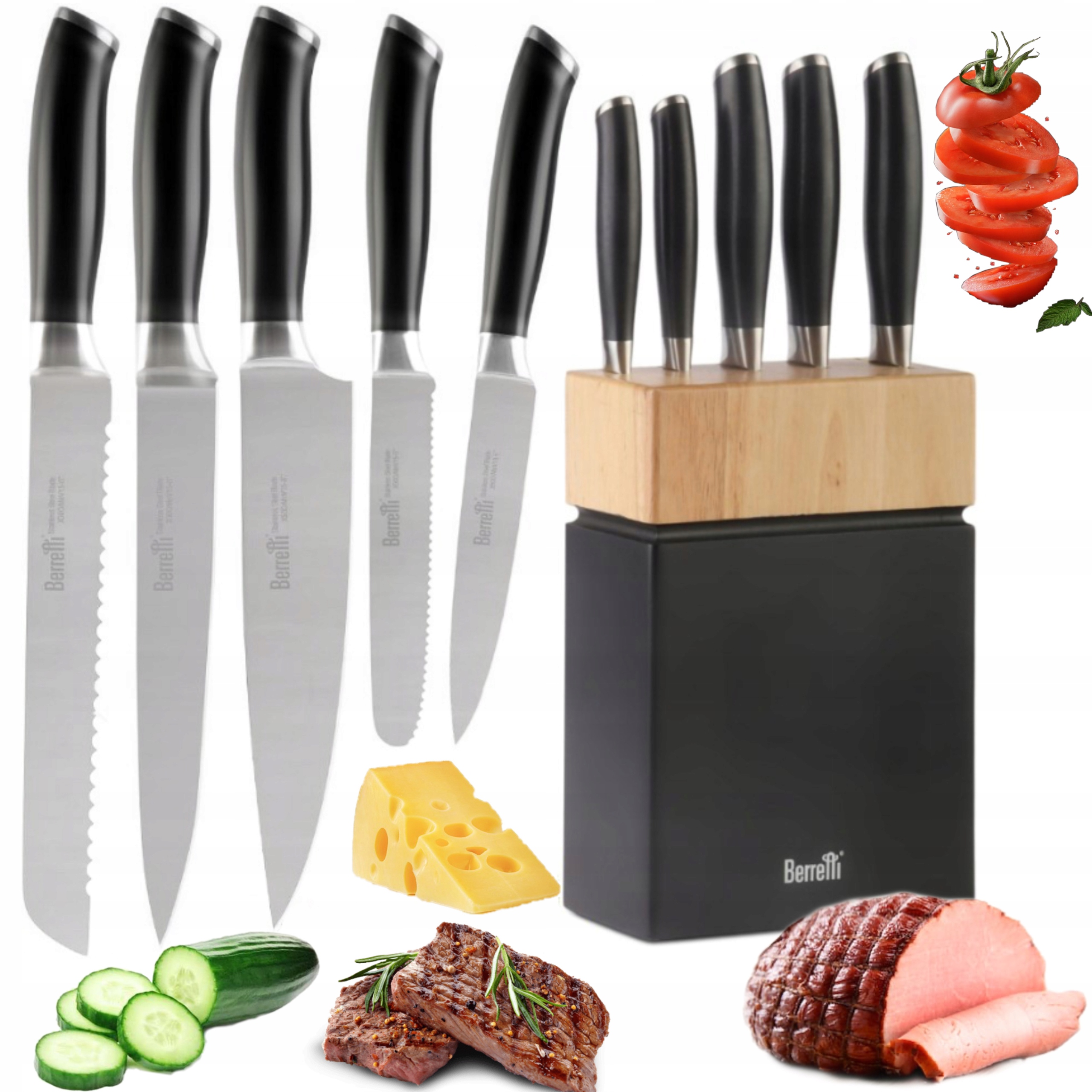 Sada 5 Nožů V Dřevěném Bloku Beretti Sada Nože Černé Ostré
