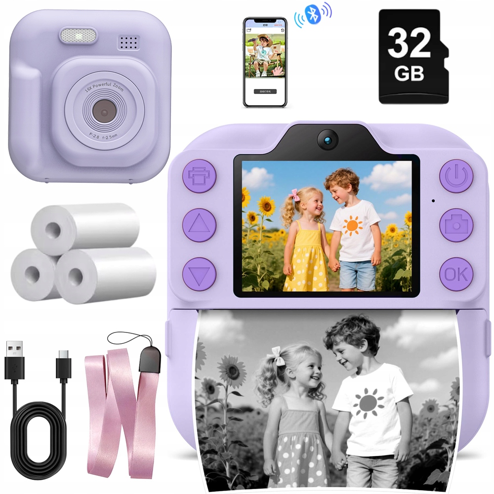 Mini Instantní Fotoaparát Tiskárna Fotografií Pro Děti, Fialová 3 Rolky