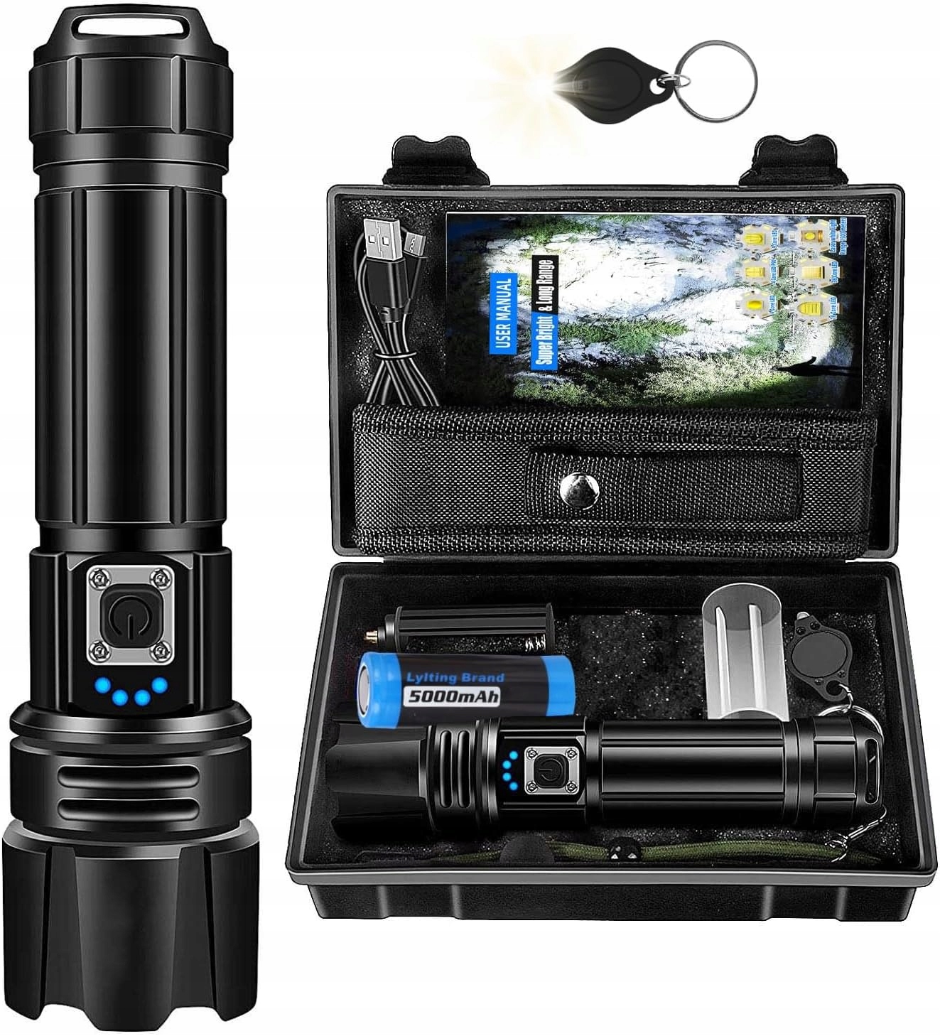 Latarka Taktyczna Led 20000 Lumenów Mocna Bardzo Duży Zasięg Wodoszczelna