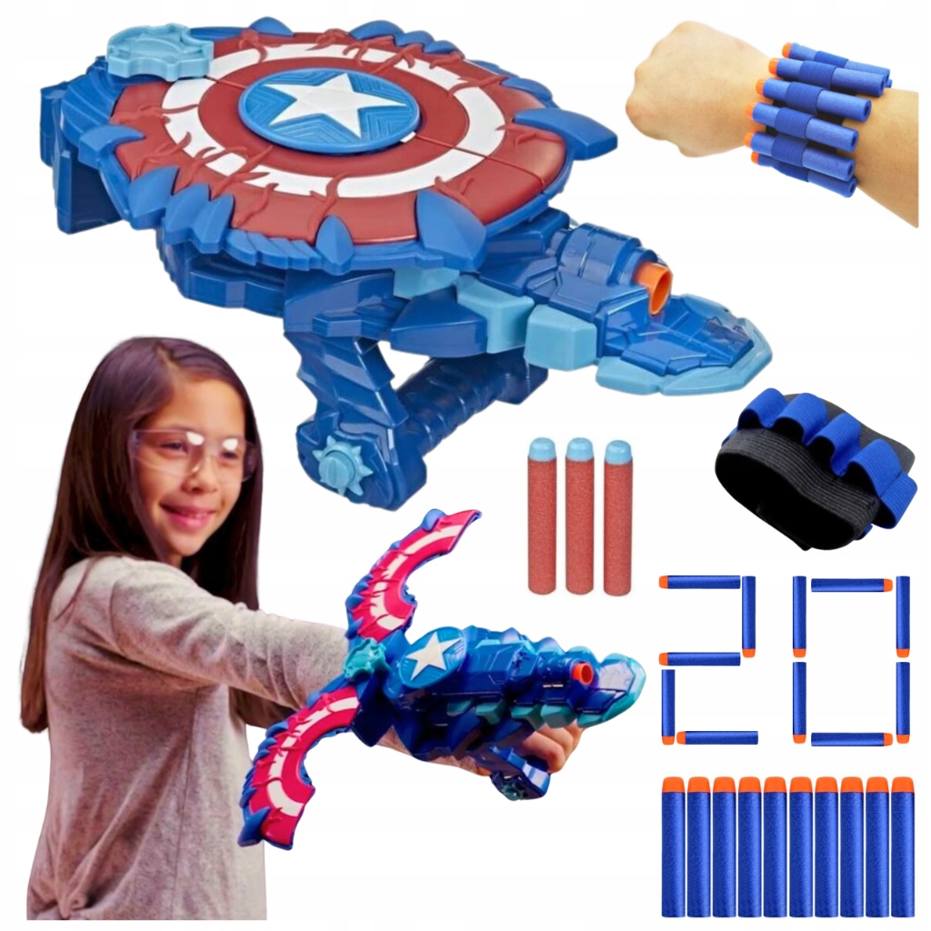 PISTOLET NERF TARCZA KAPITAN AMERYKA STRÓJ MARVEL + MAGAZYNEK 20x STRZAŁKI