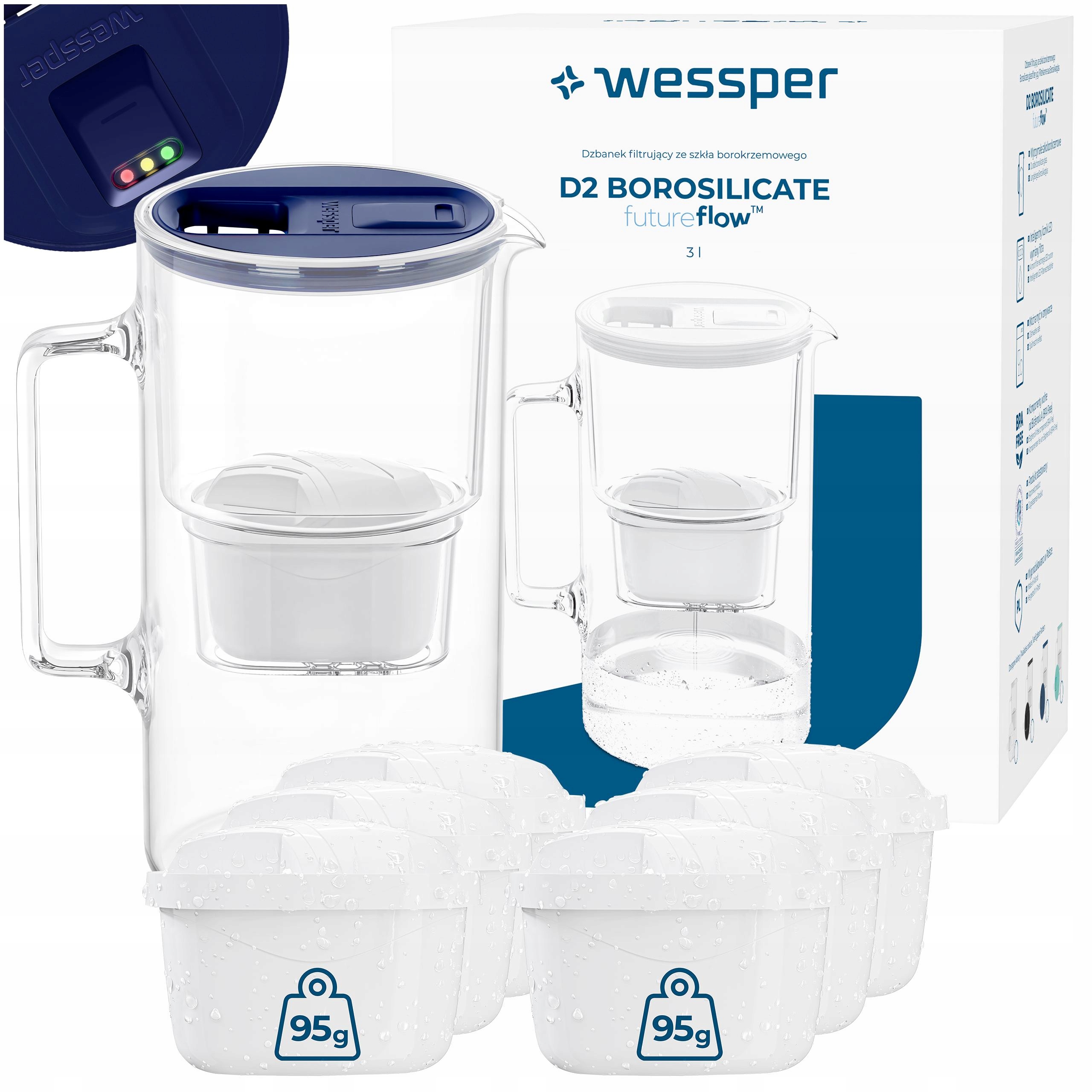 Skleněná filtrační konvice Wessper D2 Borosilicate 3 l futureflow 7 x filtr