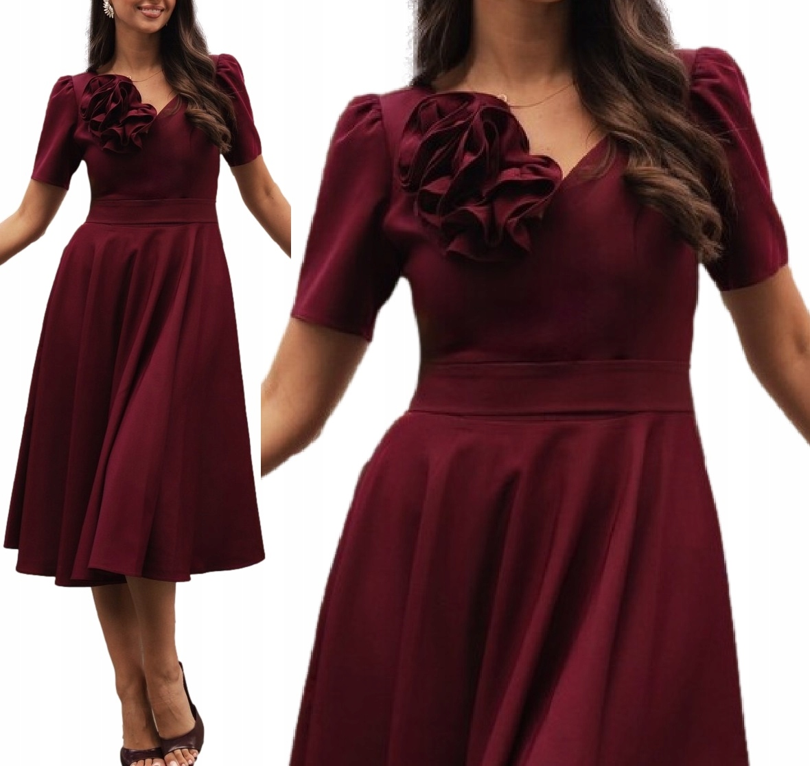 Sukienka Rozkloszowana MIDI Z Kwiatem Na Wesele