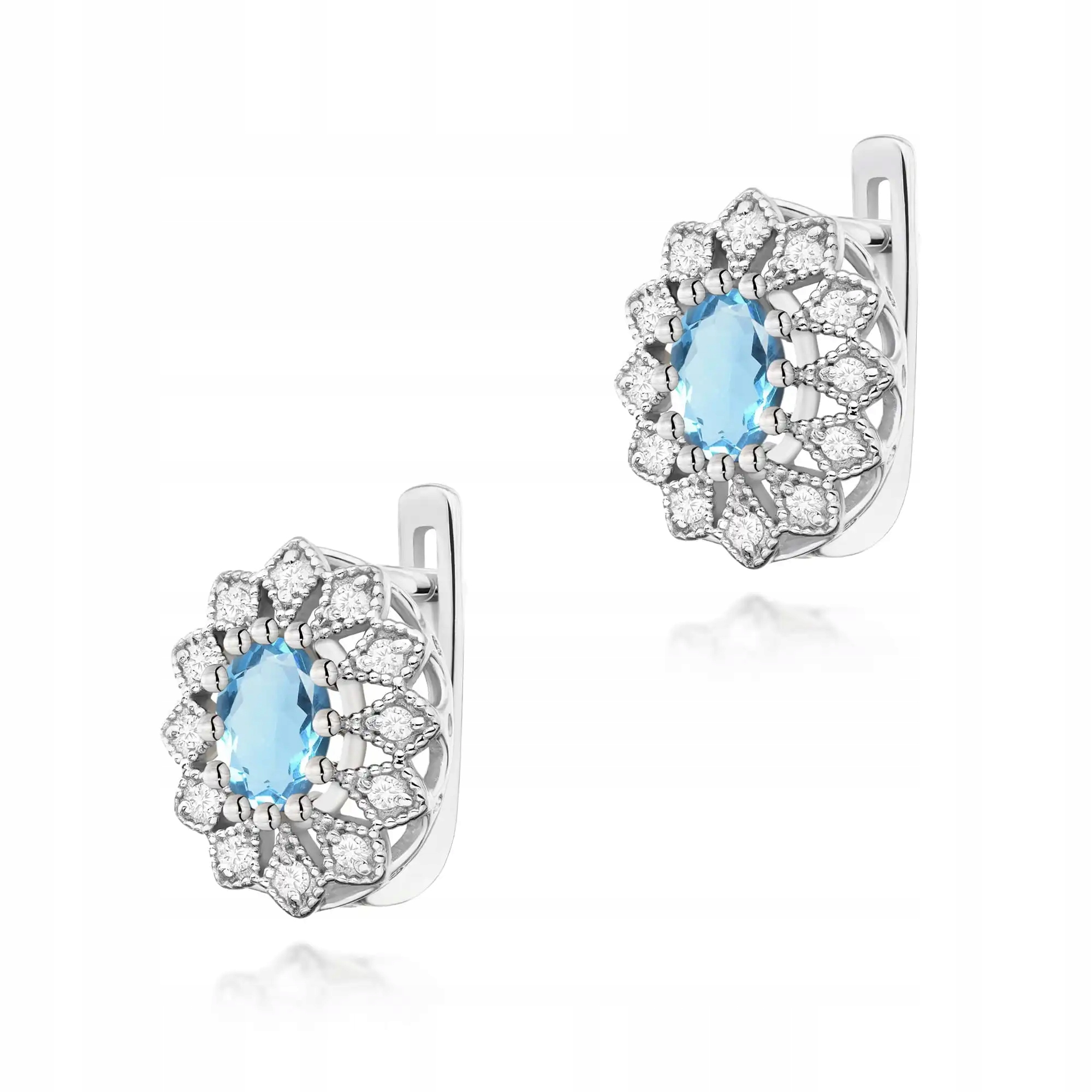 Náušnice zlaté 585 s topazem, bílé zlato, elegantní design s diamanty 14kt