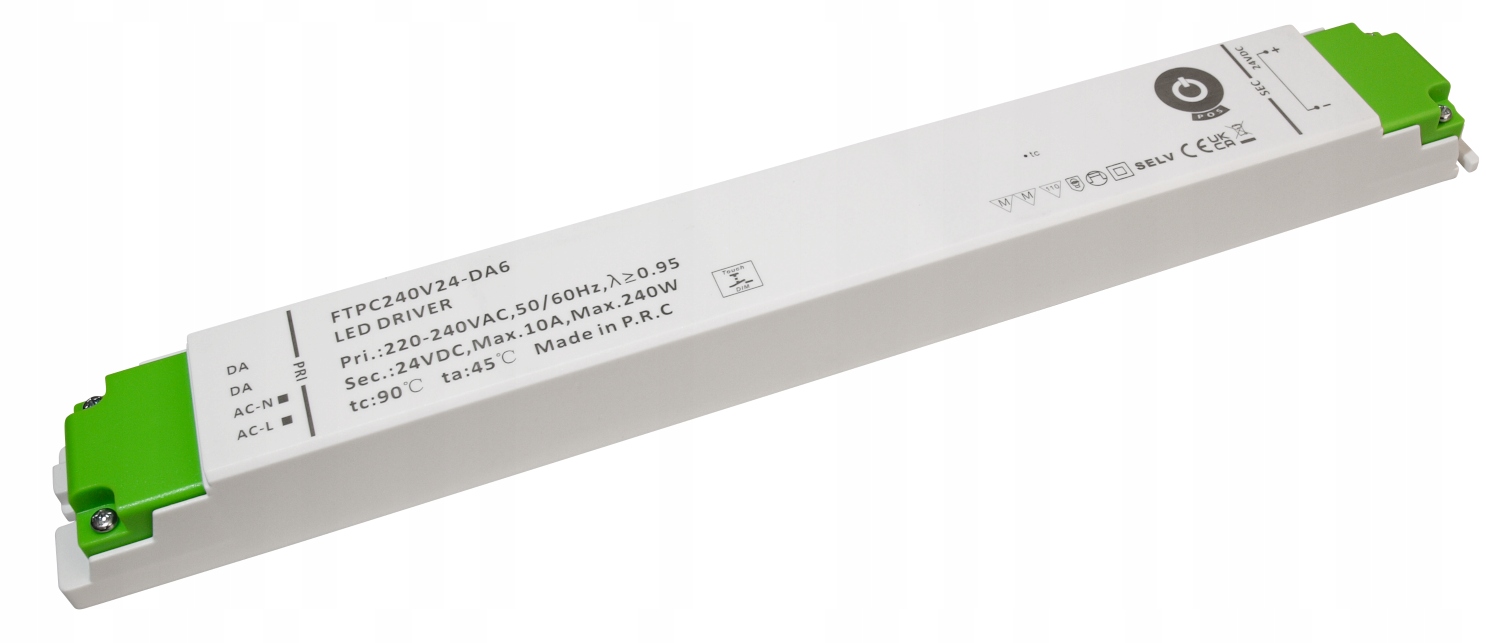 FTPC240V24-DA6: Pos Led ovladač 24V/10A CV Dali Type 6, Push Dimming, plast