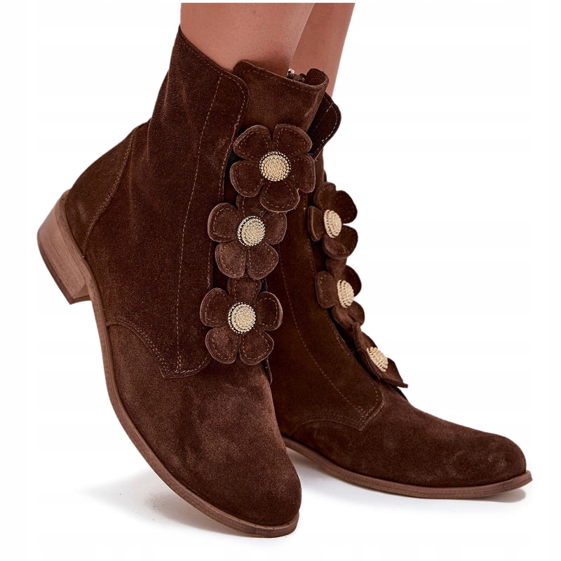 Dámské Kotníkové Boty Na Zip Zdobené Květinami Zazoo 3085 Hnědé 38