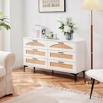 Komoda 118 x 24 x 75 cm biela ratanová skrinka, odtiene hnedej, prírodné