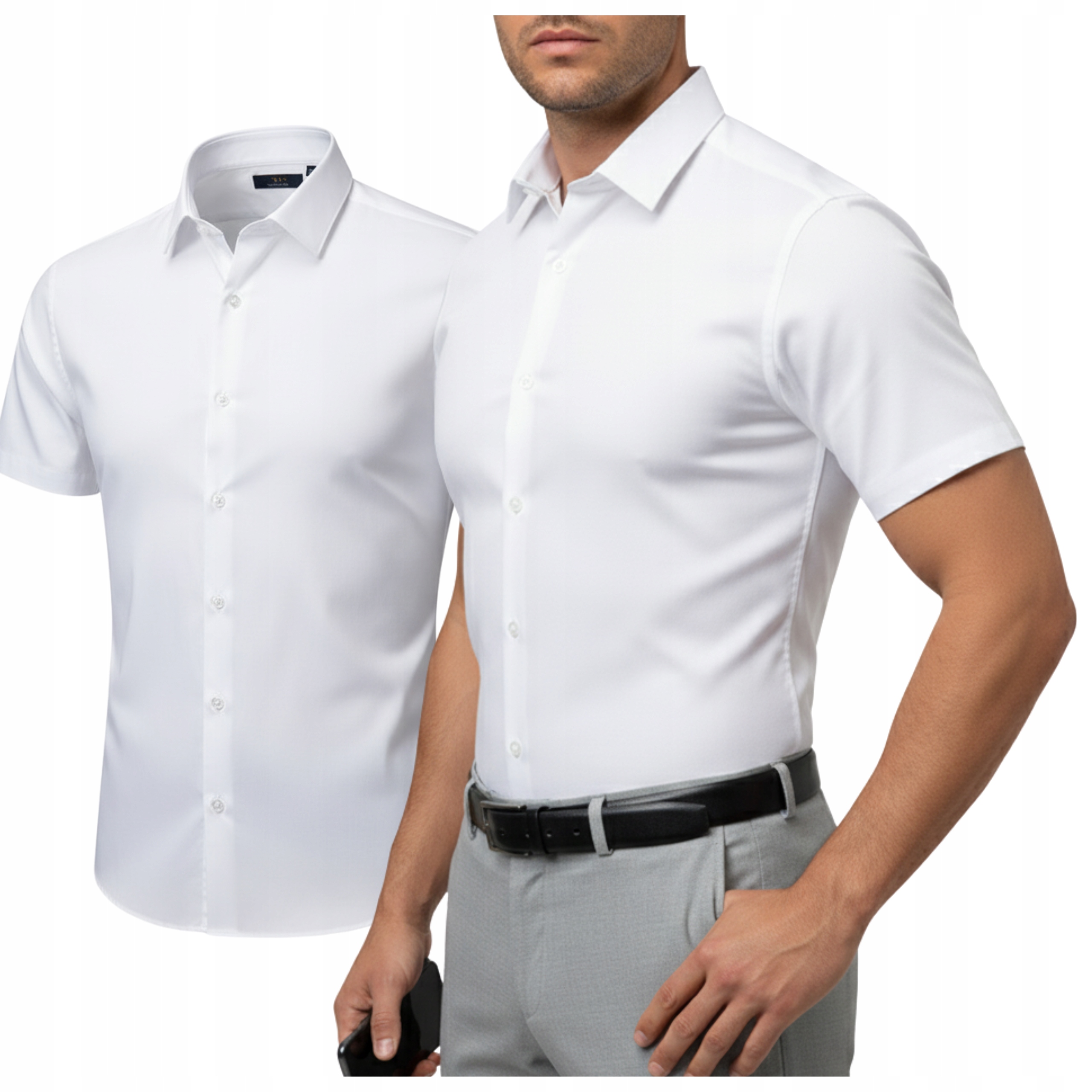 Koszula Męska |L 41/42| Krótki Rękaw gładka Slim Fit dopasowana Biała