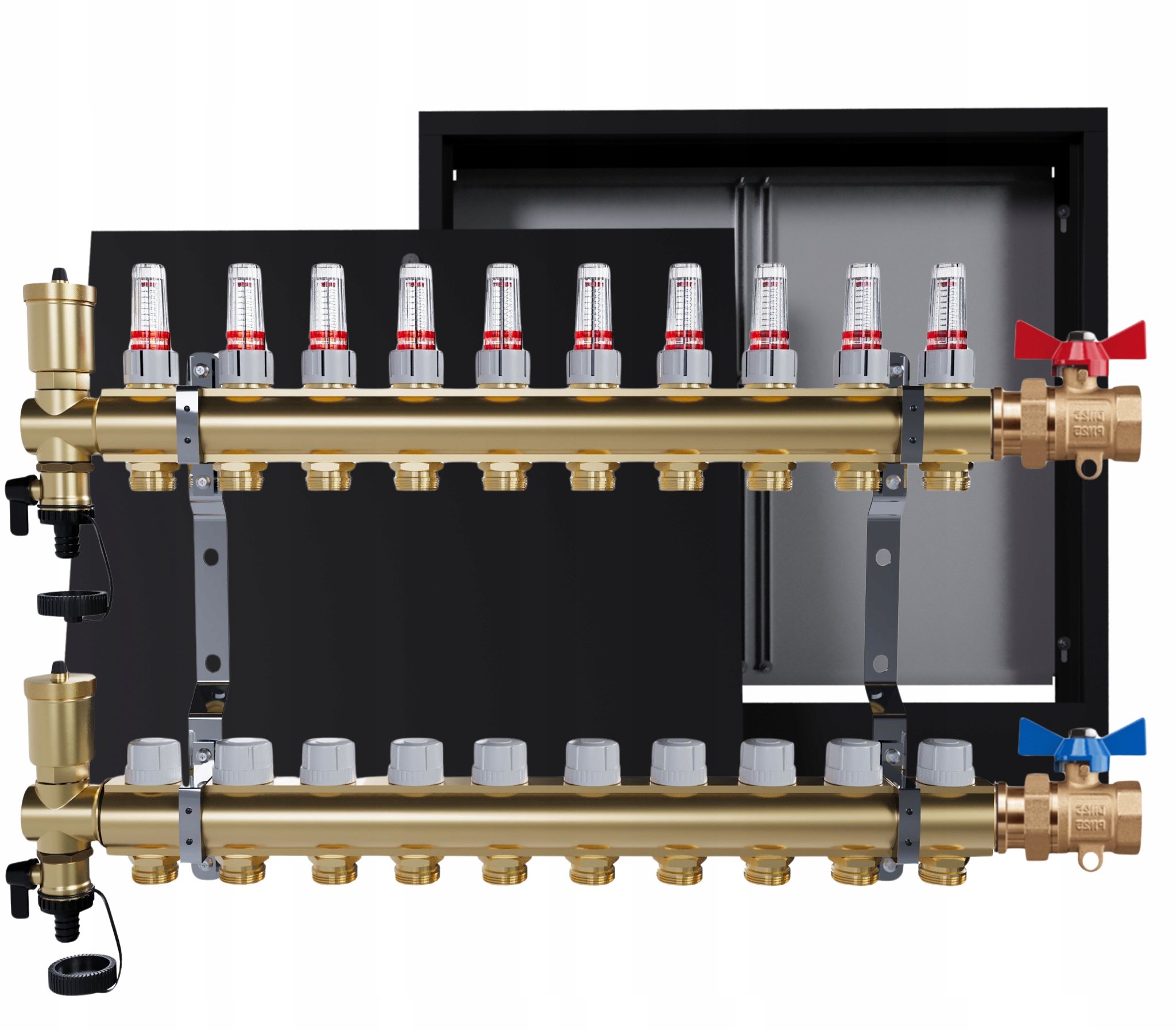 Rozdělovač podlahových krytin mosazný 10 okruhů skříňka černá jednoduchý ventil