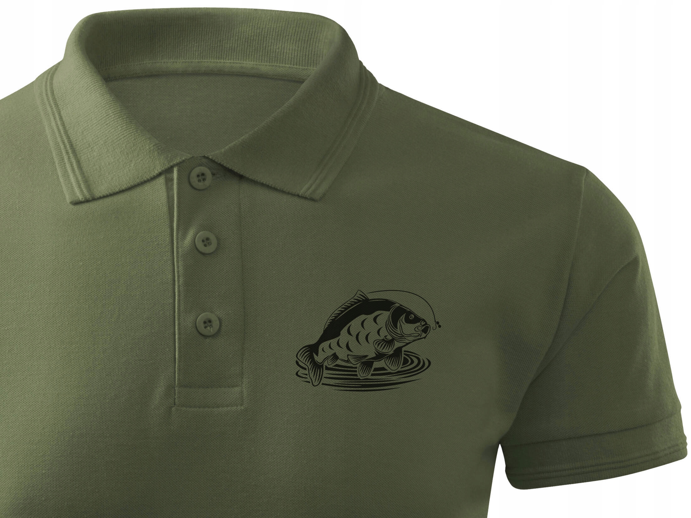 dla Wędkarza koszulka letnia polo kolor khaki nadruk Karp roz. XL