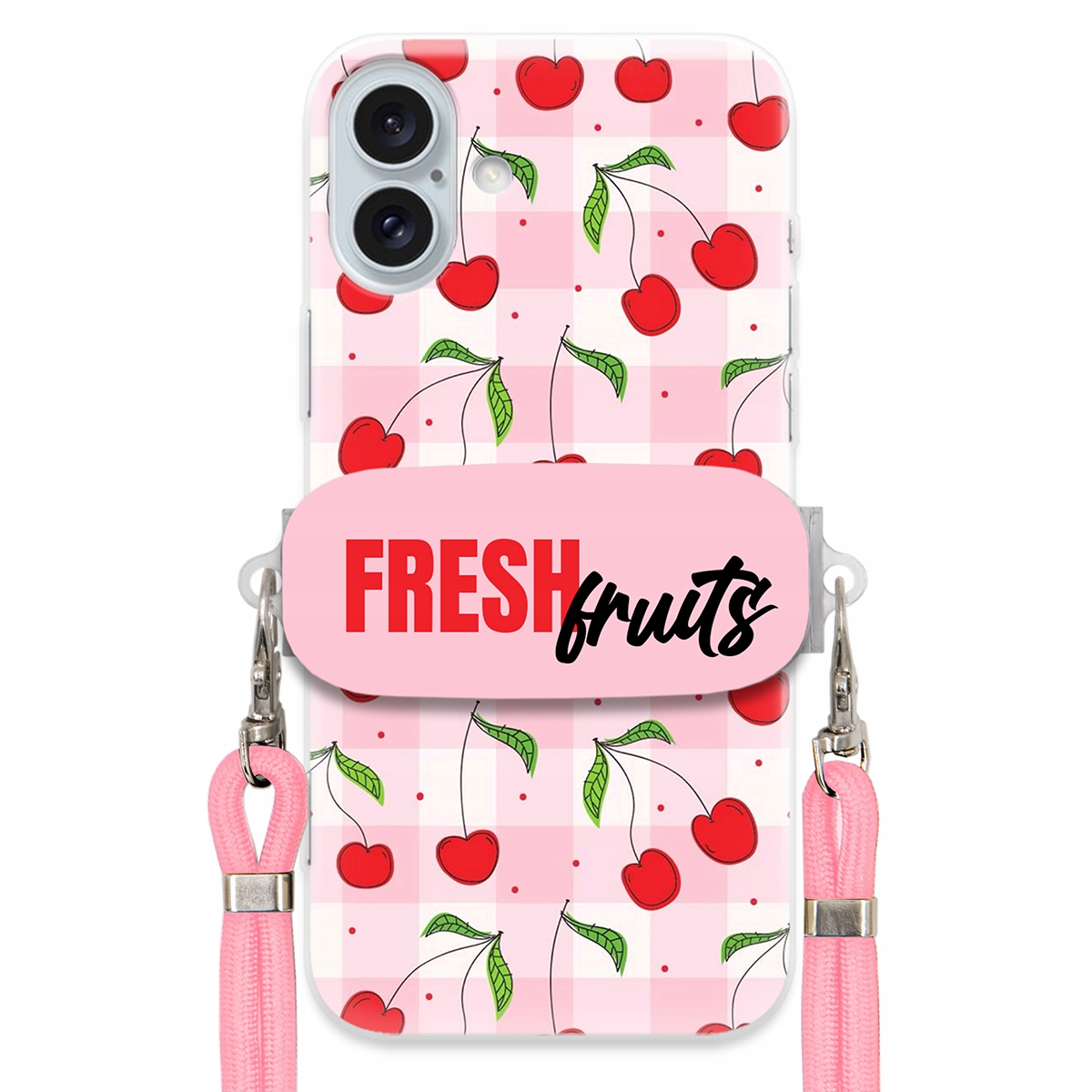 Puzdro pre iPHONE 16 Plus držiak na šnúrku Ružový Fresh Fruits Mriežka