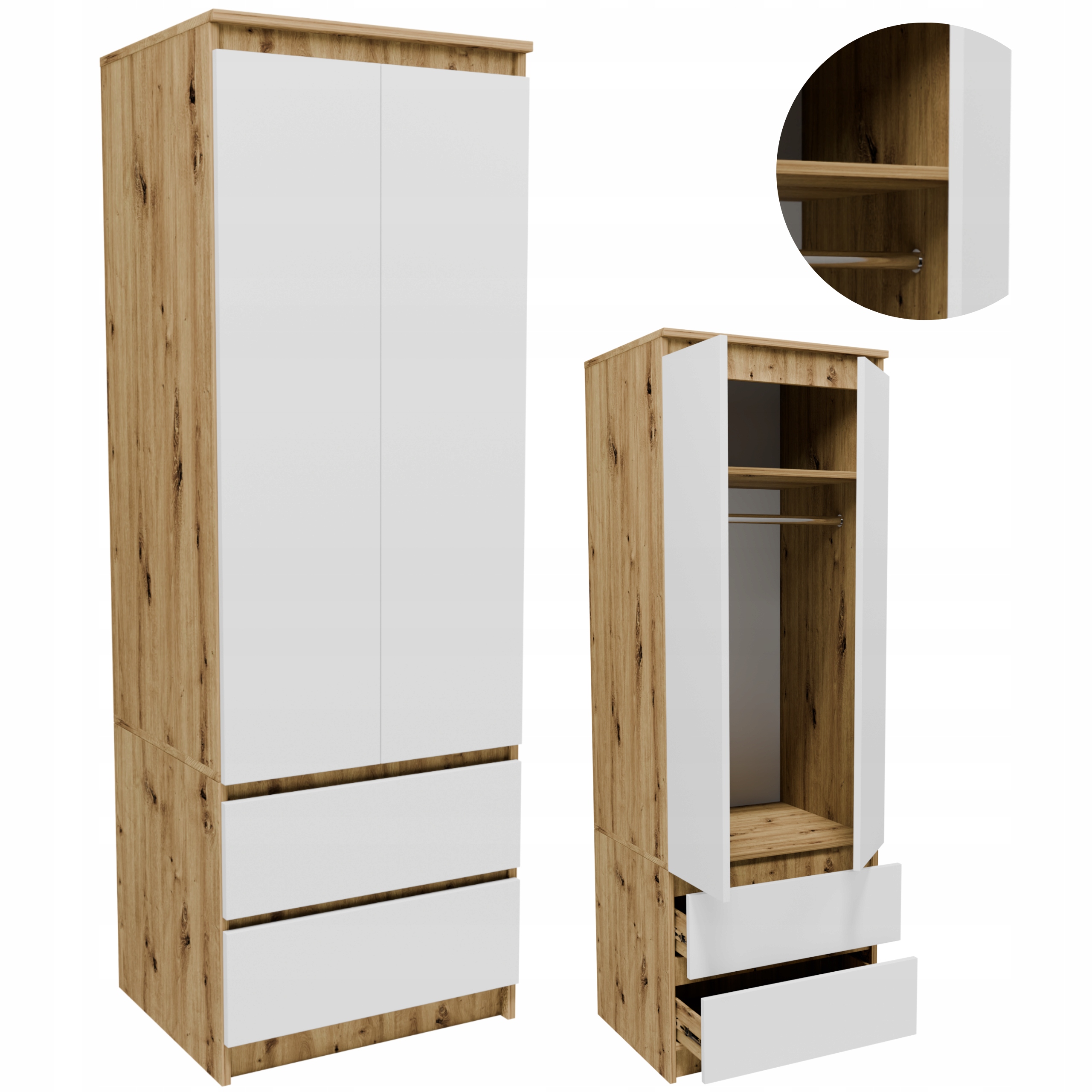 Skříň STA60ABI artisan-bílá šatní skříň, tyč, zásuvka, regál na oblečení