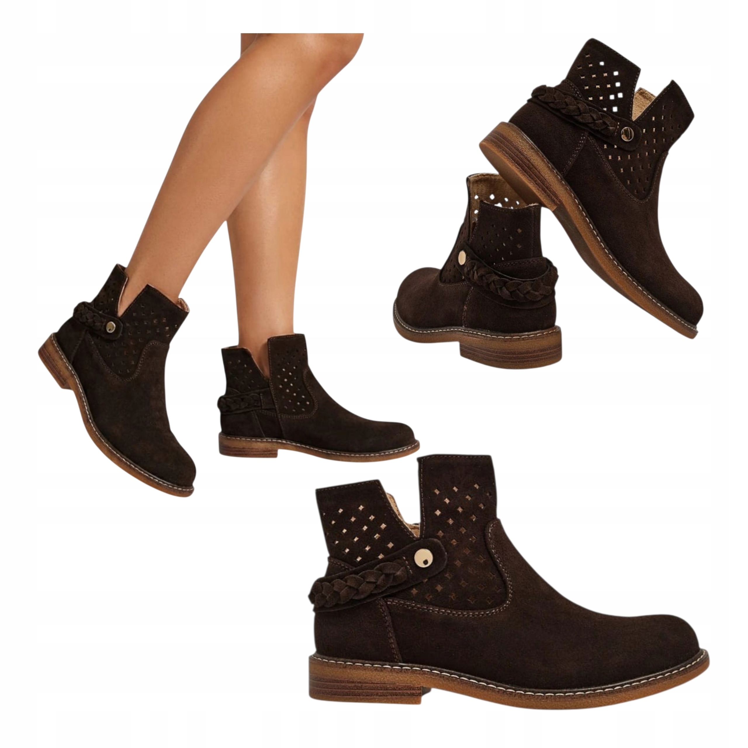 Dámské Kotníkové Boty Ažurové na plochém podpatku Kožené Semišové Čokoládové 40