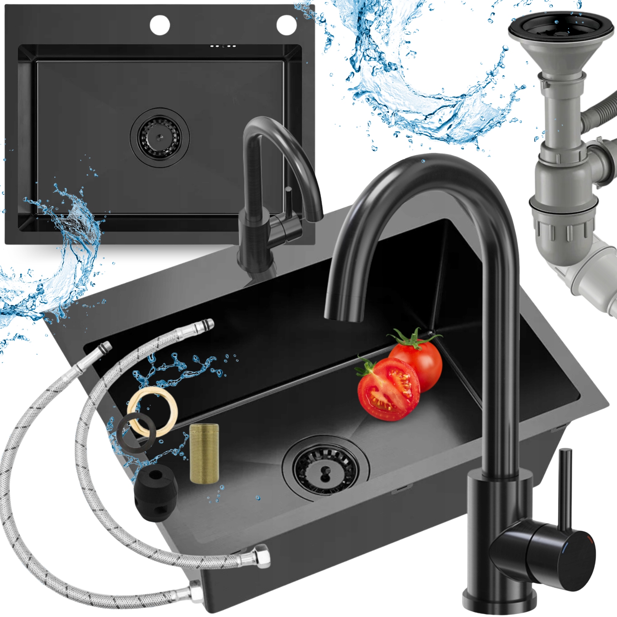 Ocelový Jednokomorový Dřez S Kuchyňskou Baterií Sifon Záslepka 7v1