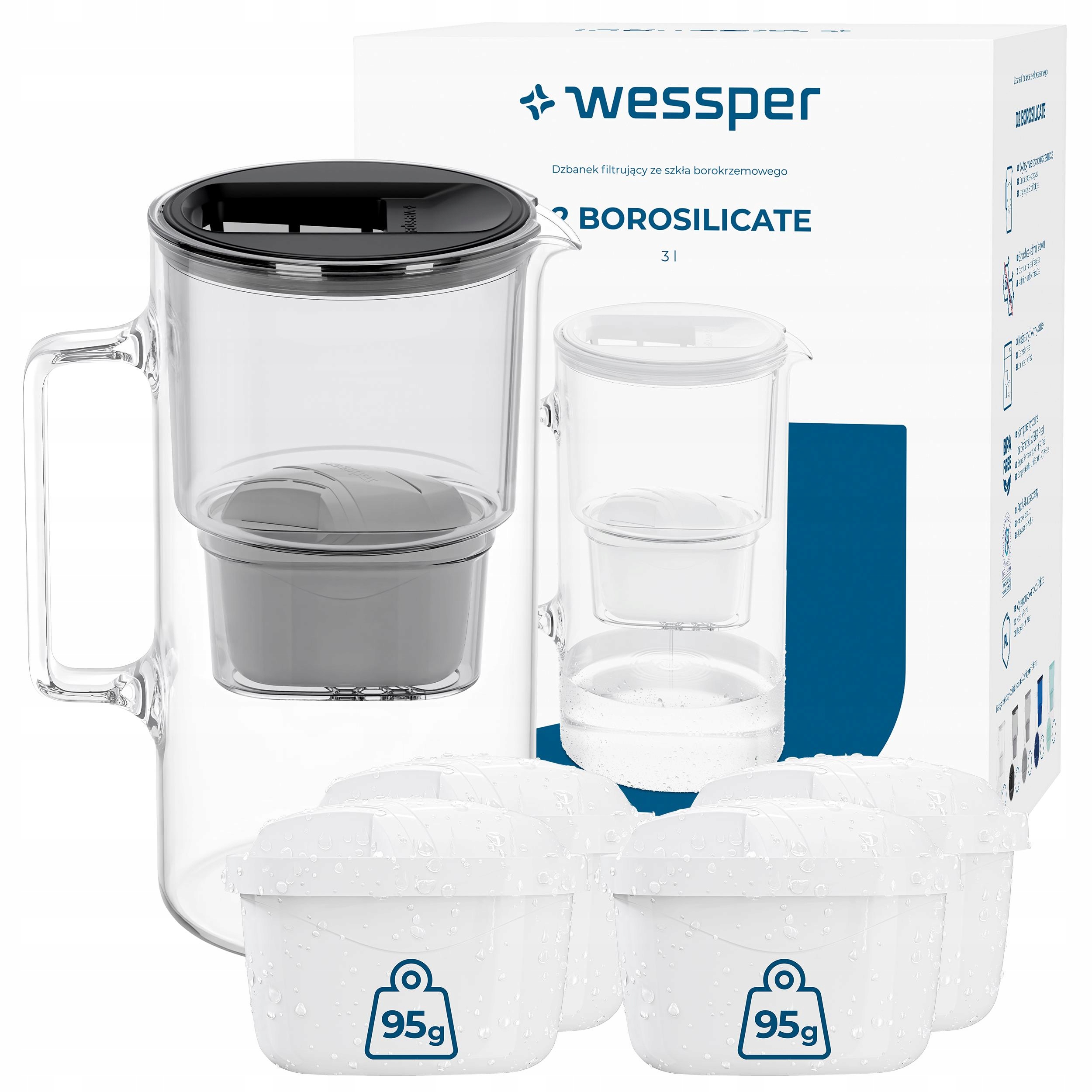 Skleněná filtrační konvice Wessper D2 Borosilicate 3l černá 5x filtr