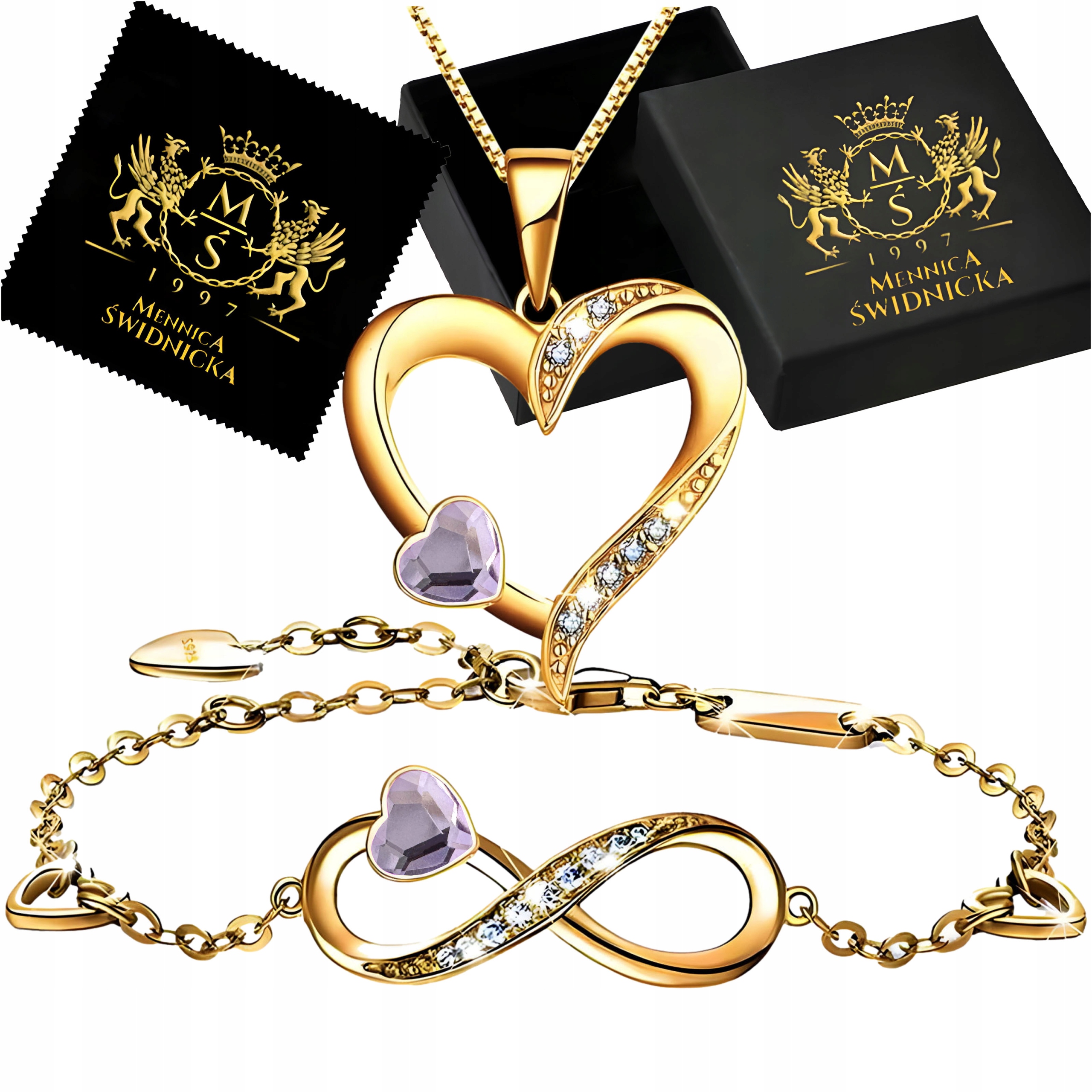 Zlatý dámský set Náramek a náhrdelník Srdce Infinity Stříbro 925