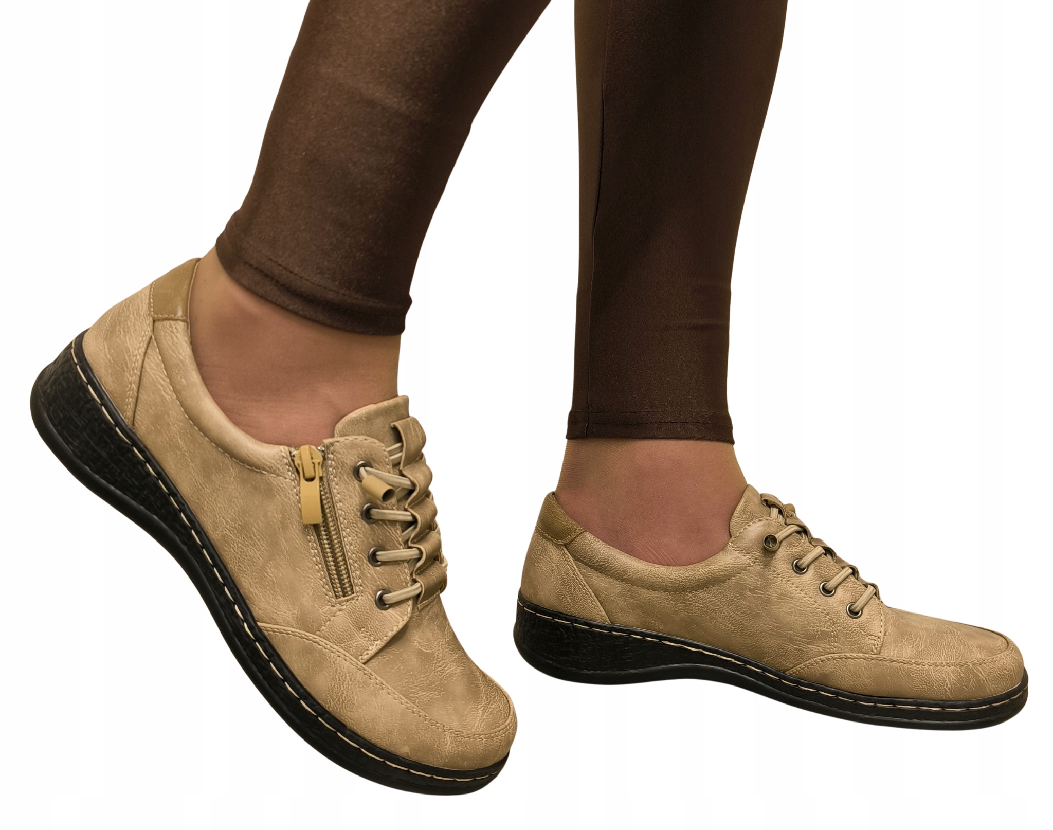 Beżowe Półbuty Na Szeroką Stopę Wkładka Skóra Naturalna