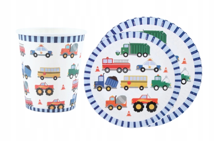 DUŻY ZESTAW JEDNORZOWY PAPIEROWY KUBECZKI TALERZYKI AUTKA SAMOCHODY URODZIN