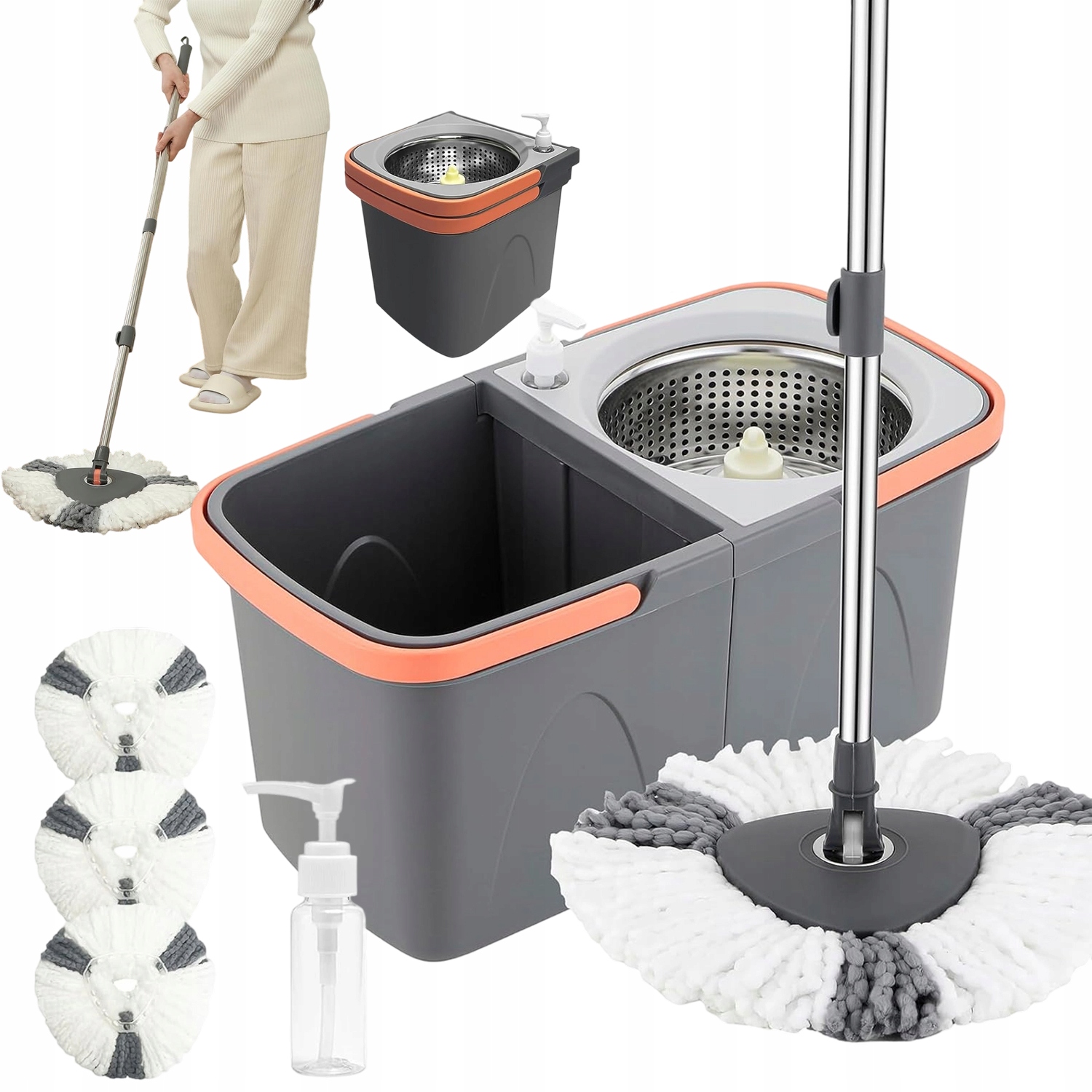 Levně Set Kbelík Rotační mop Turbo 2v1 s nastavitelnou rukojetí, 3 vložky z mikrovlákna