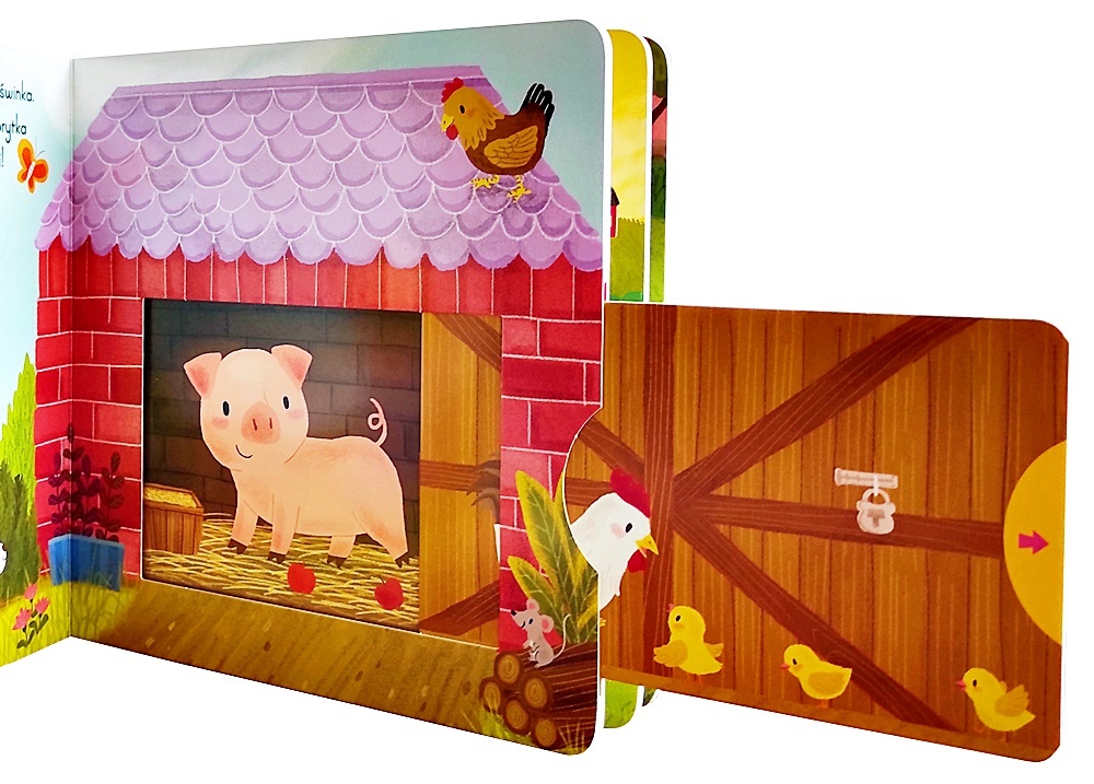 KSIĄŻECZKA KSIĄŻKA SENSORYCZNA ZAGRODA ZWIERZĘTA NA WSI RUCHOME ELEMNETY Bohater Inny