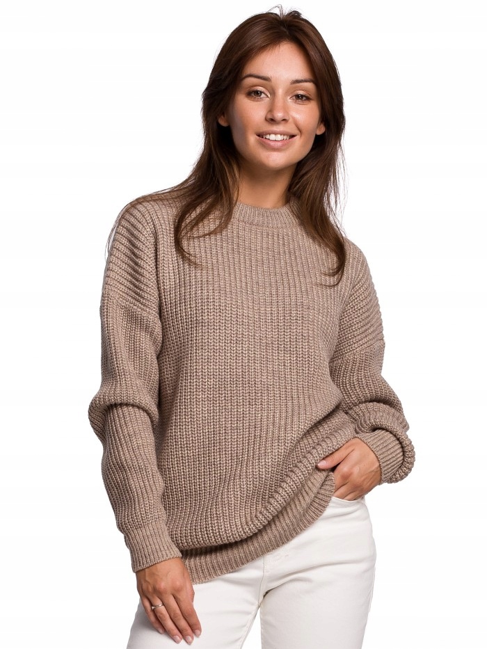 

Eu S/m BK052 Długi sweter w prążek - cappuccino Eu