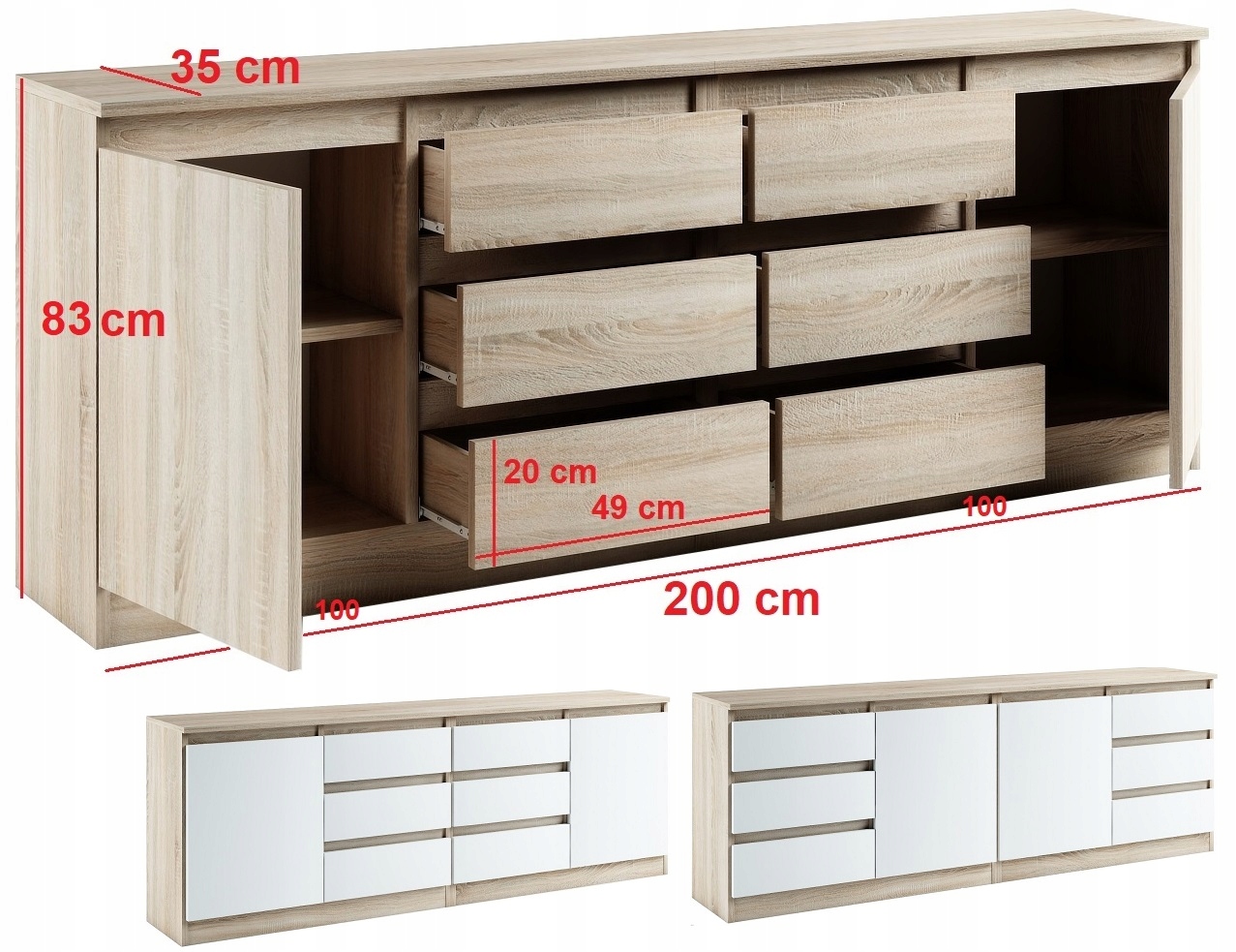 028-011 KOMODA/ZESTAW B2d6s/200cm - BIAŁY Wysokość mebla 83 cm