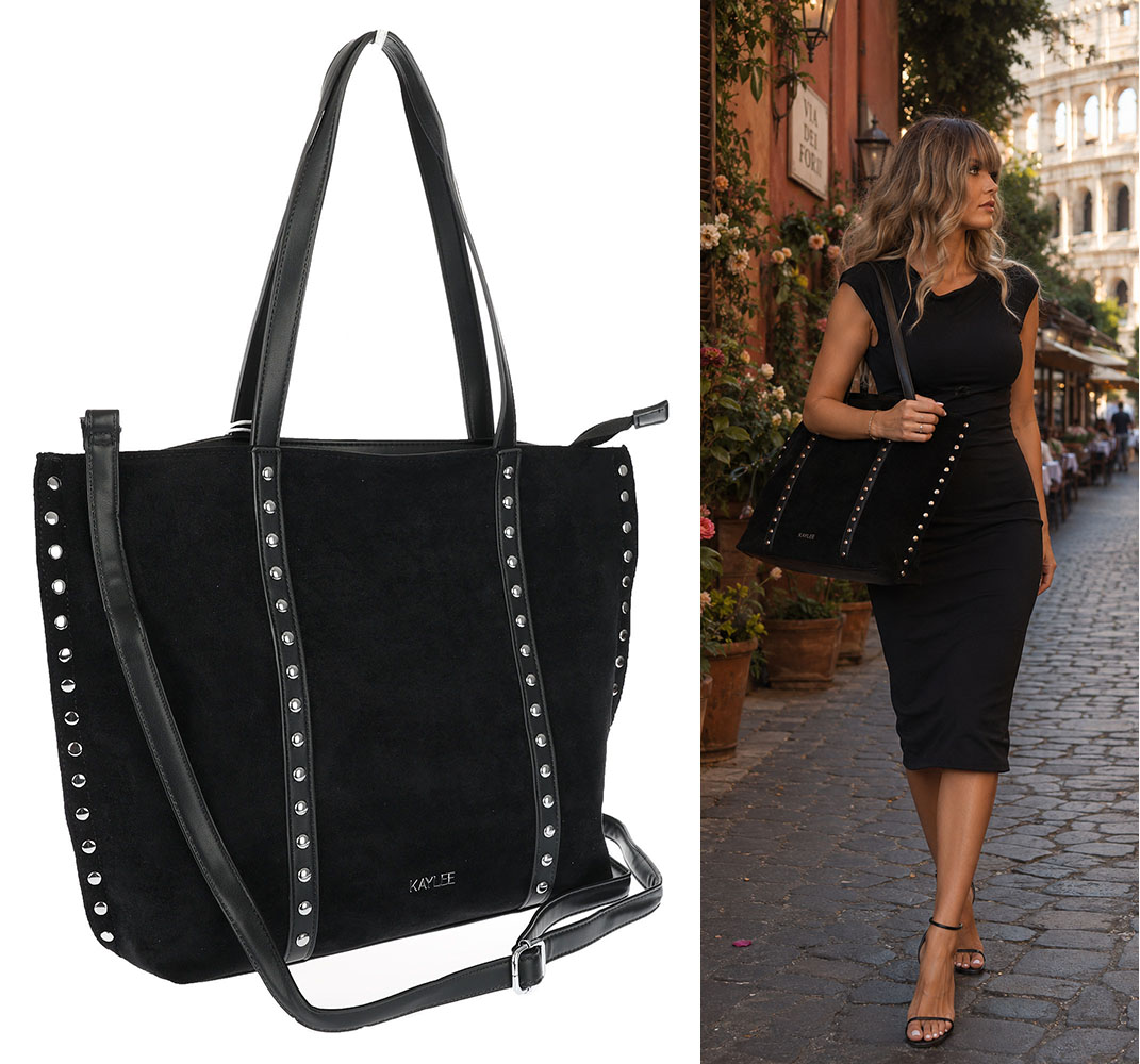 Dámská shopper semišová kabelka s nýty, módní kabelka přes rameno KJ1136 Černá