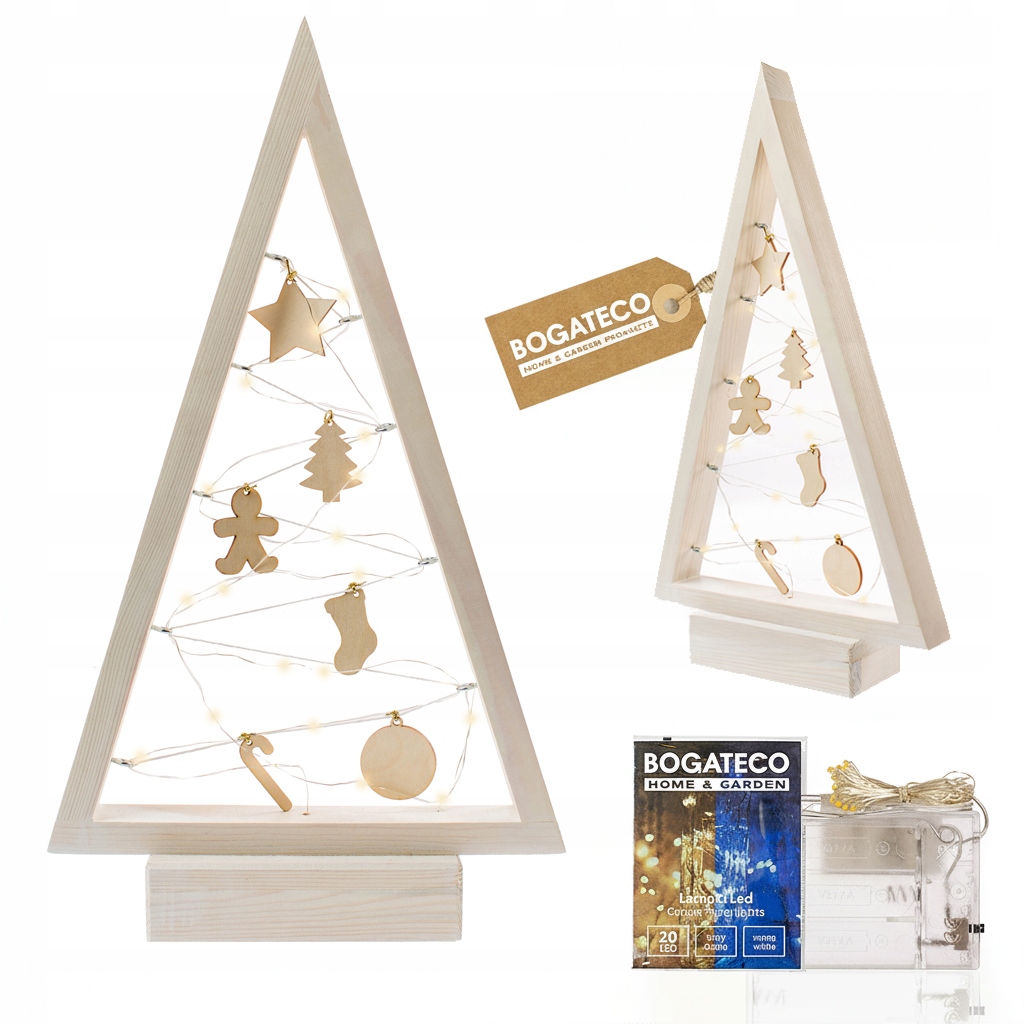 Dřevěný Vánoční Stromek 52 CM, Stojící, Ozdobný Led S Ozdobami, Bílý