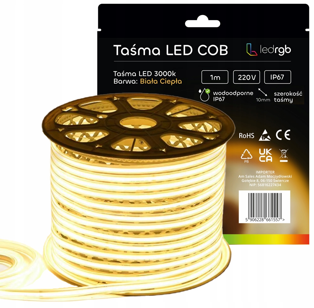 Taśma LED Neon COB 220V 230V 1m 3000K BIAŁA CIEPŁA WODOODPORNA IP67 10mm