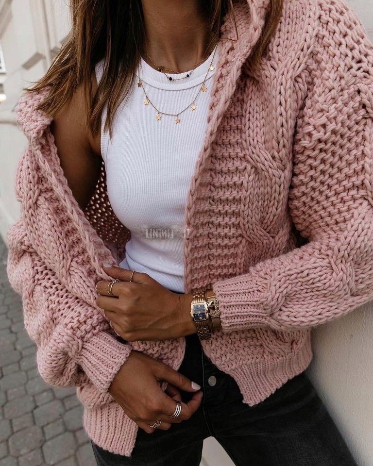 Krátký Kardigan S Kapucí A Silnou Vazbou S-xl