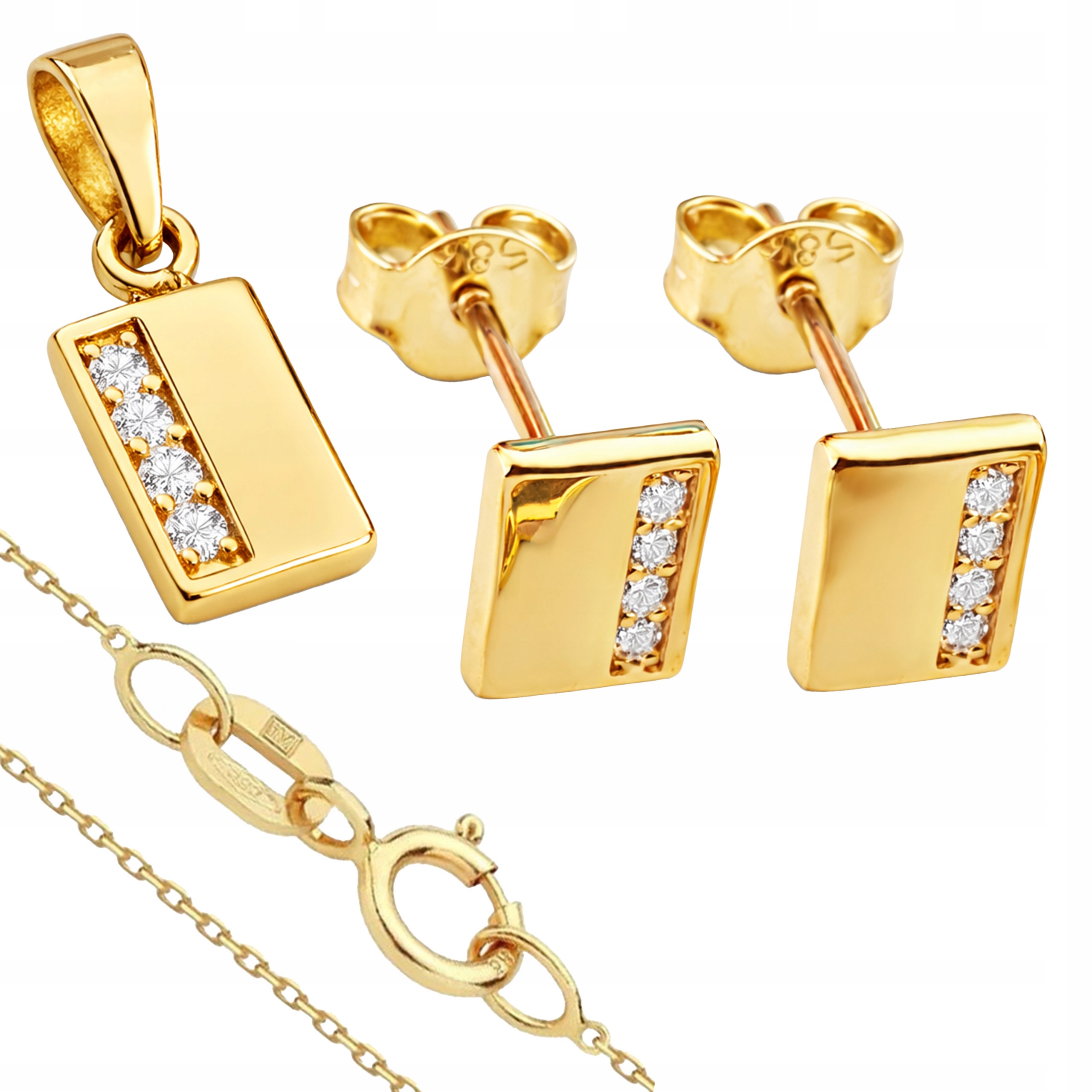 Zlatý komplet 585 obdélníků se zirkony, přívěsek, náušnice, řetízek