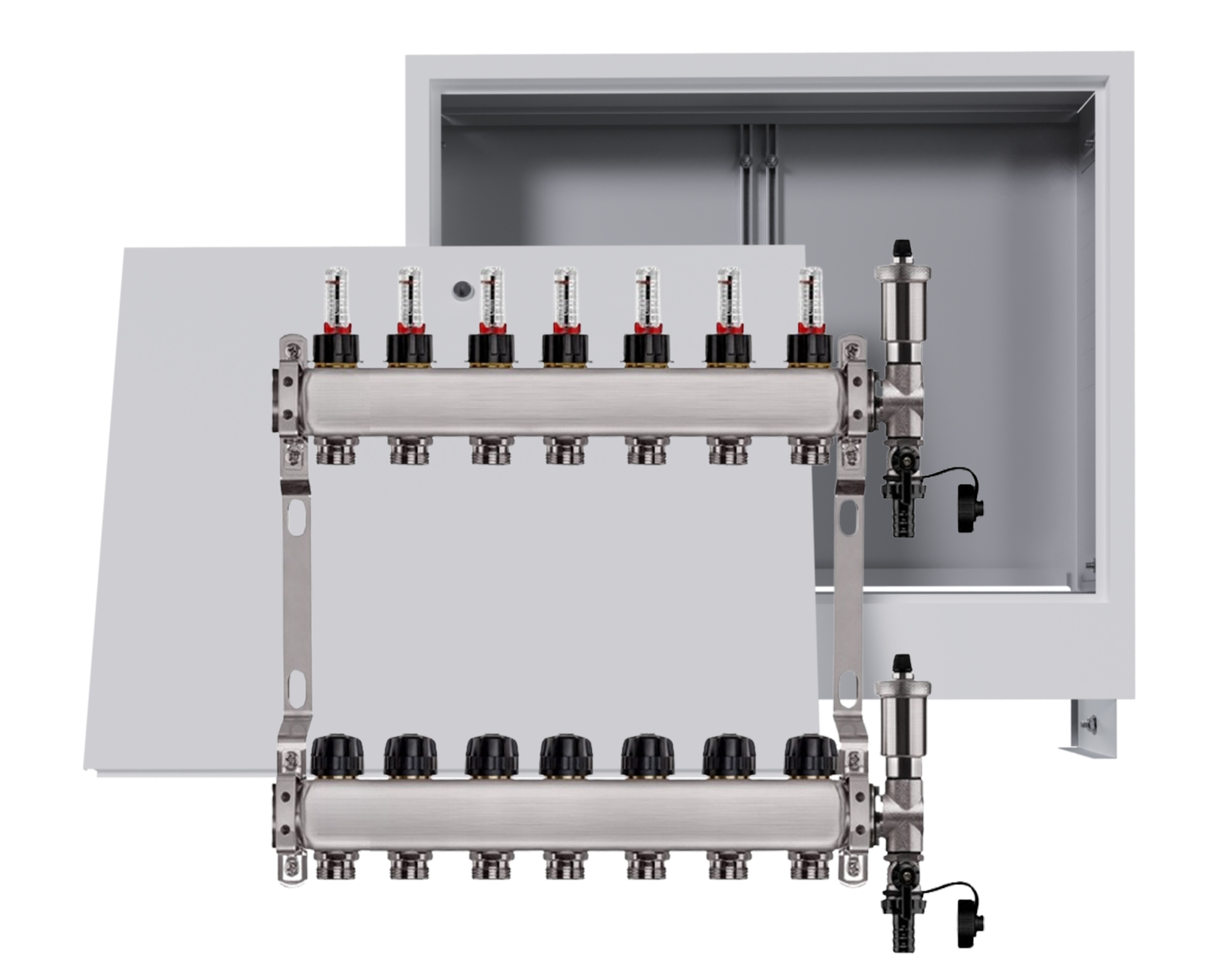 Nerezový rozdělovač pro podlahovku 7 okruhů s podomítkovou schránkou, bílý