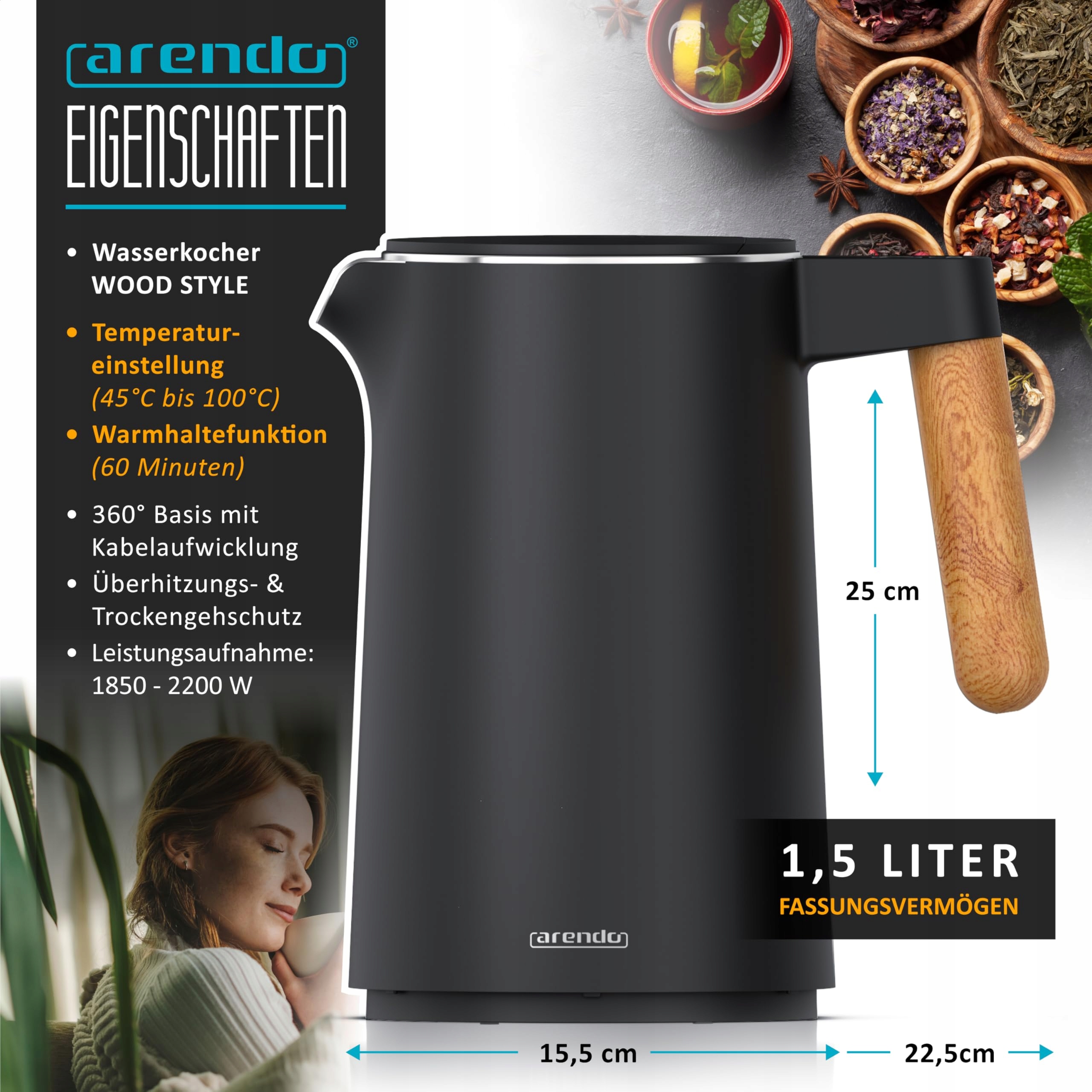 ARENDO Czajnik Elektryczny 1.5L Stal Nierdzewna BPA Free — miniatura 2