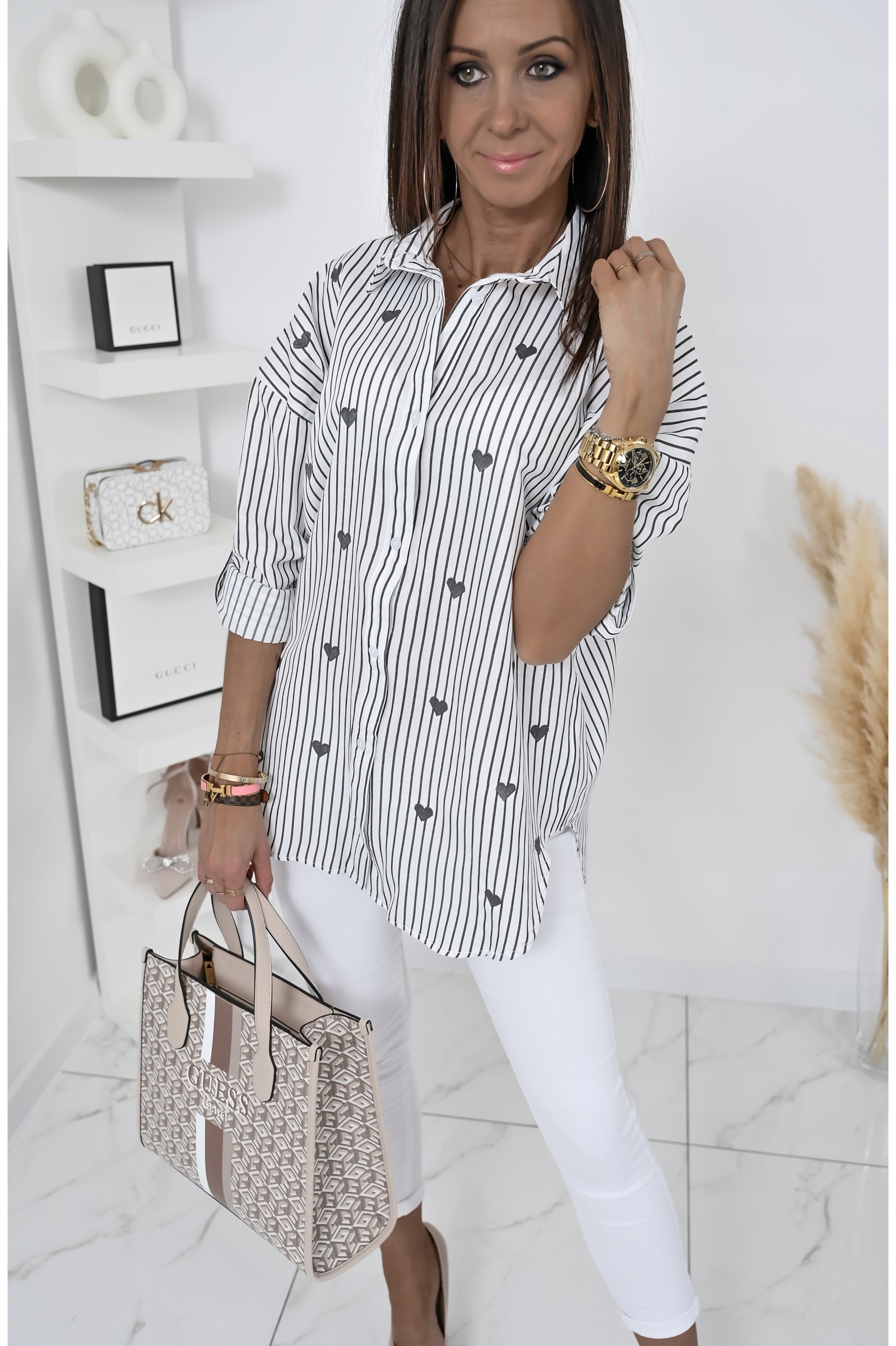 CASUALOWA KOSZULA OVERSIZE W PASKI FLAVINE! WZ.1 M Dekolt kołnierzyk