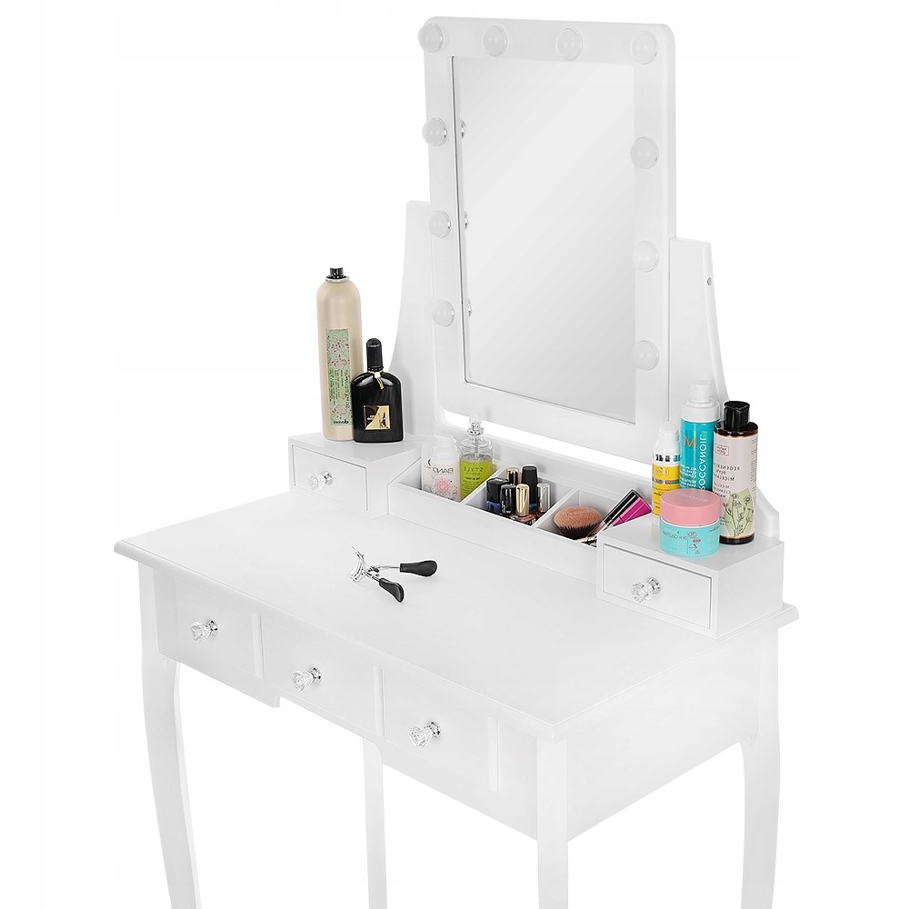 KOSMETYCZNA TOALETKA z LUSTREM LED BIAŁA + TABORET