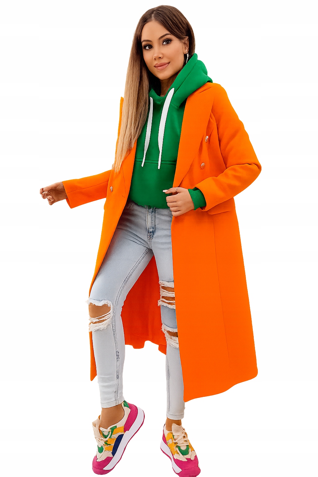 0008 Elegantní kabát klasického střih, stylový a nadčasový, Pomerančový