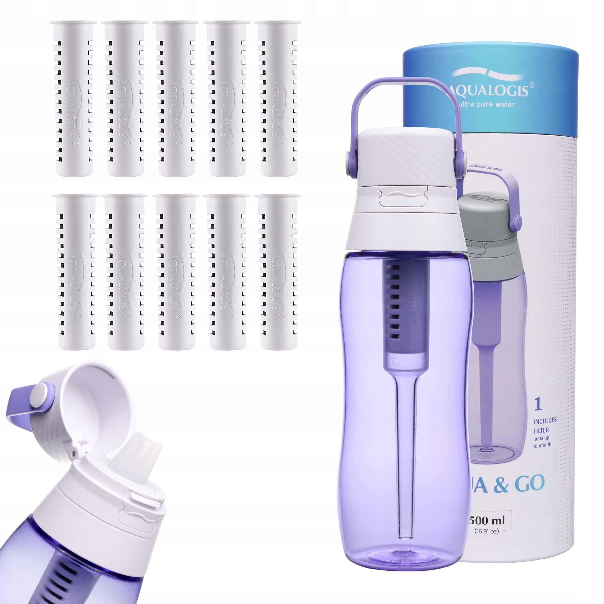 Filtrační láhev Aqualogis Aqua&Go 500 ml Levandulová s 10 filtry