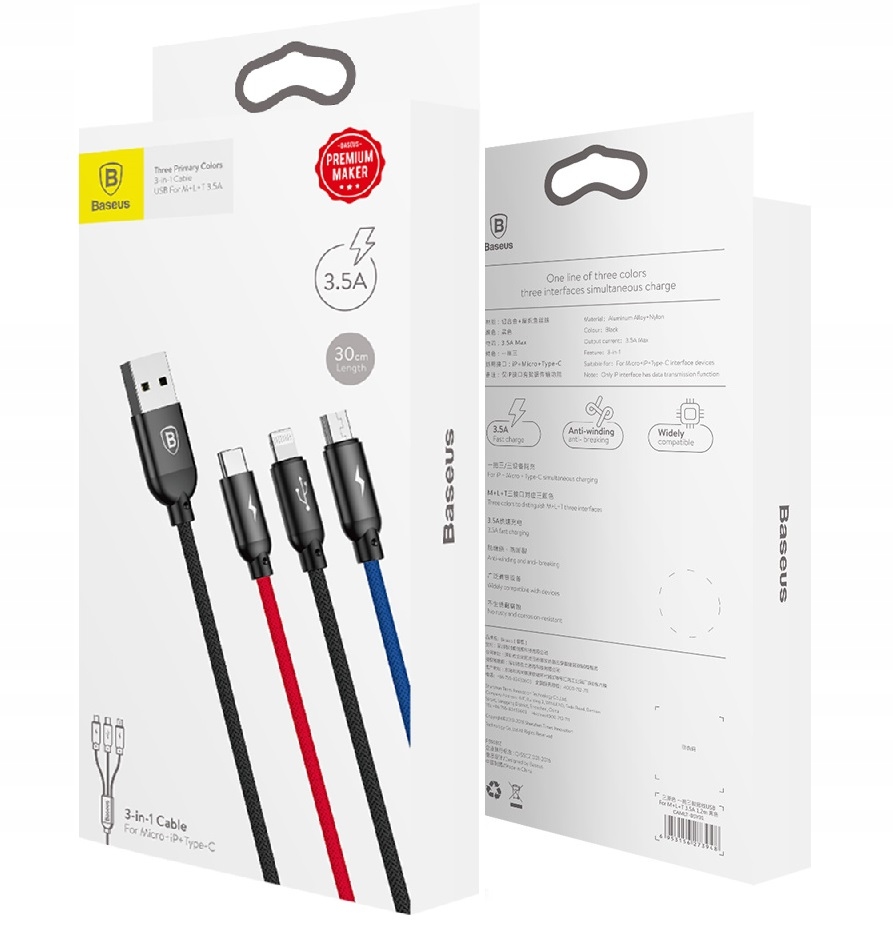 BASEUS MOCNY KABEL USB PRZEWÓD 3W1 DO IPHONE MICRO TYP-C USB-C 3.5A 30CM Kod producenta CAMLT-ASY01