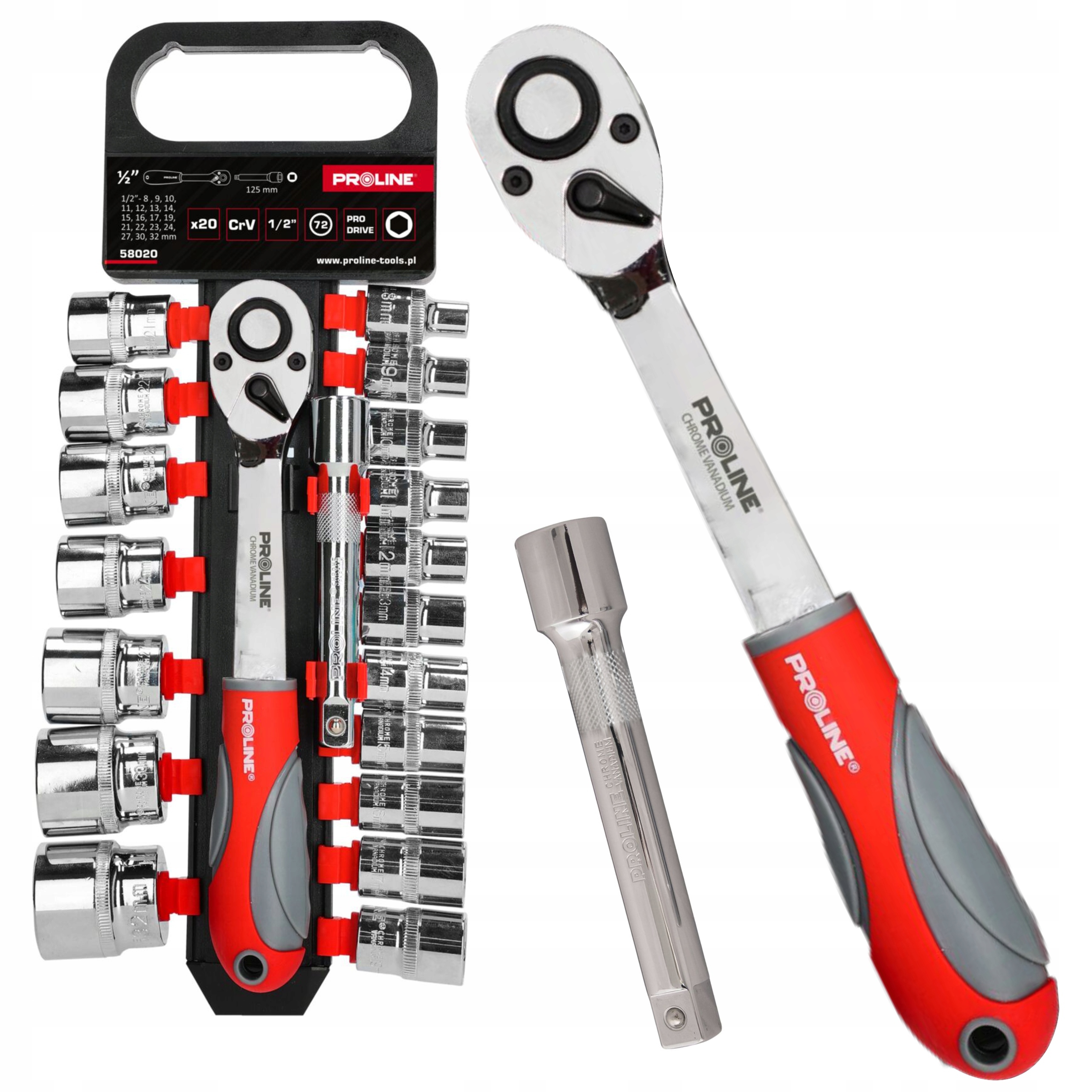 PROLINE ZESTAW 20 SZT NASADEK CRV,1/2" 8-32MM GRZECHOTKA PRZEDŁUŻKA 58020