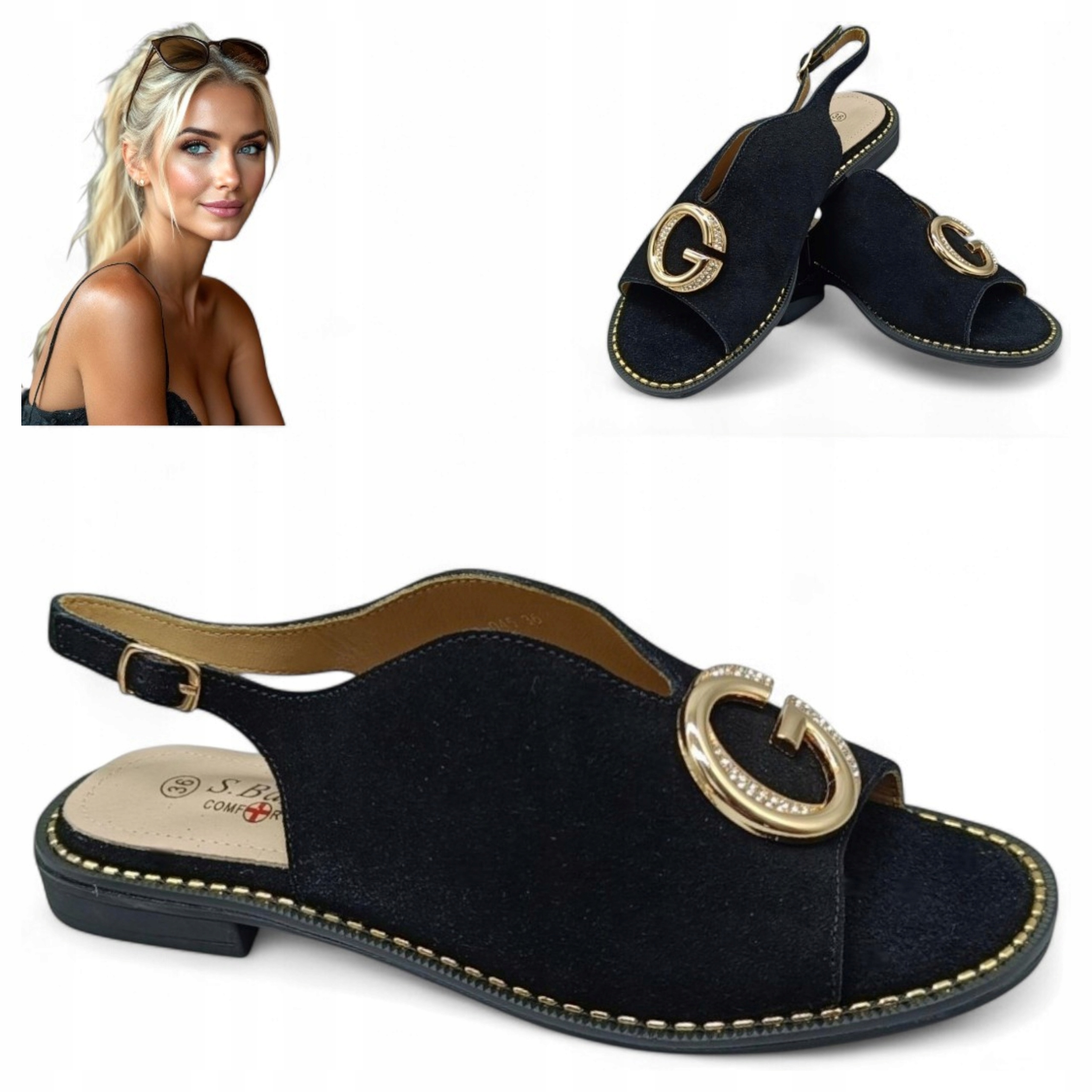 Dámské kožené sandály 36 Elegantní Ploché Nastavitelné Černé S.Barski