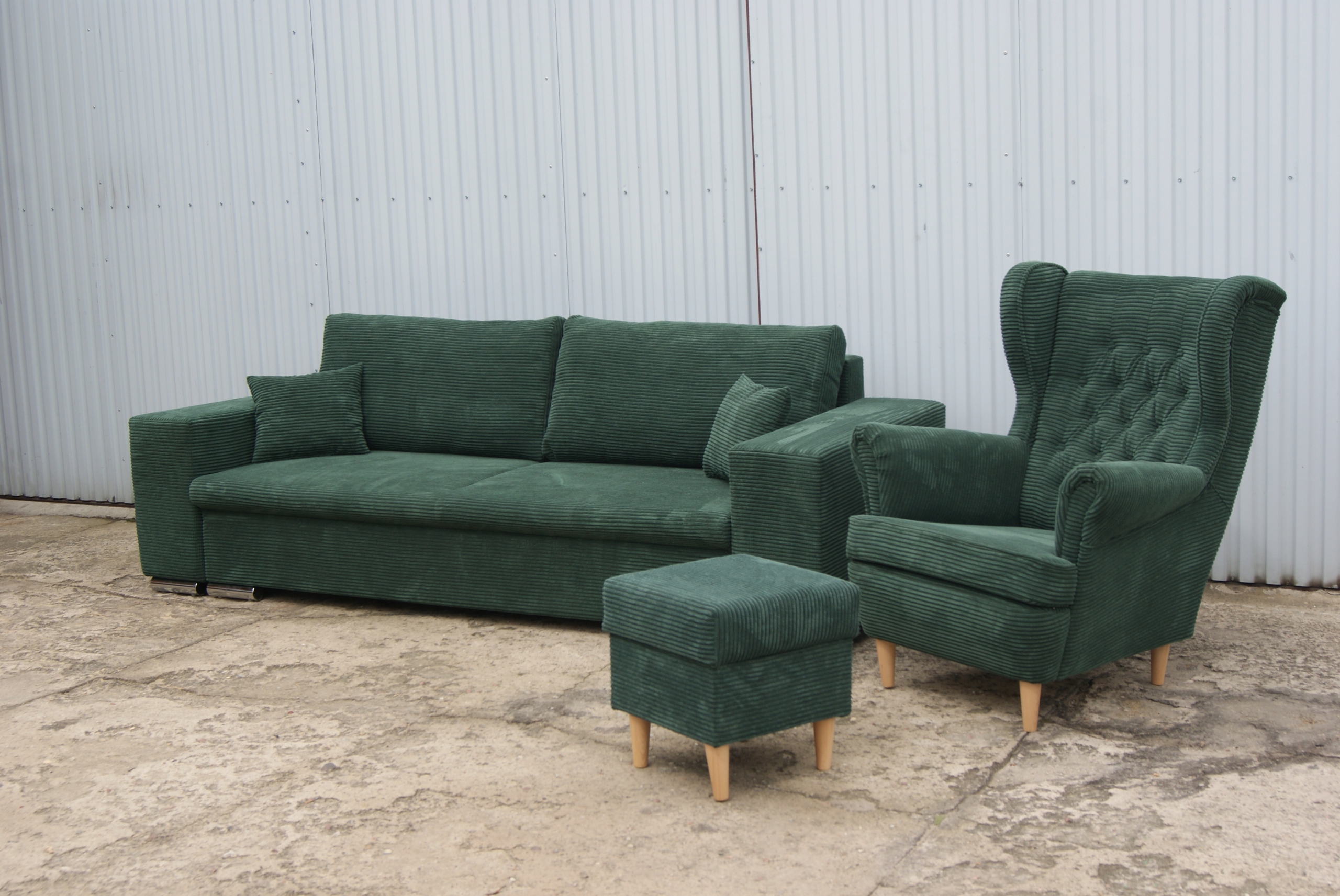 DUŻA KANAPA + FOTEL USZAK + PUFA modny SZTRUKS